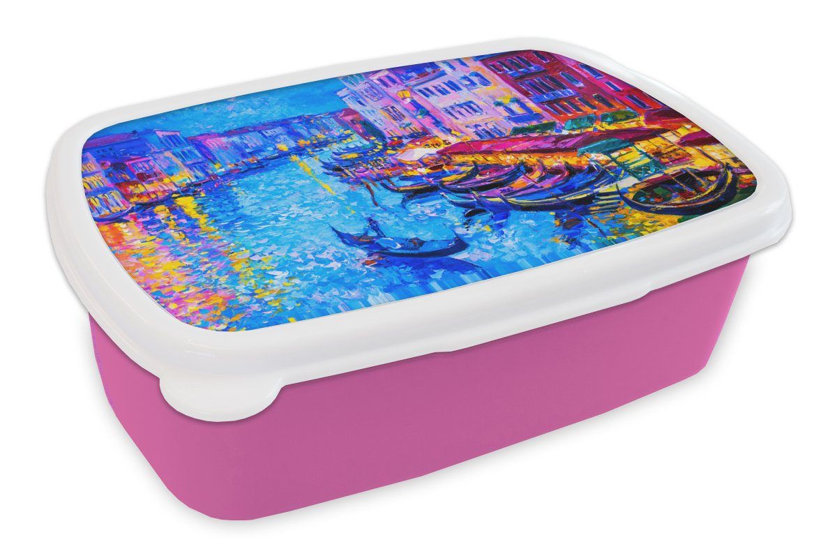 MuchoWow Lunchbox Malerei - Italien - Boot - Wasser - Architektur, Kunststoff, (2-tlg), Brotbox für Erwachsene, Brotdose Kinder, Snackbox, Mädchen, Kunststoff rosa