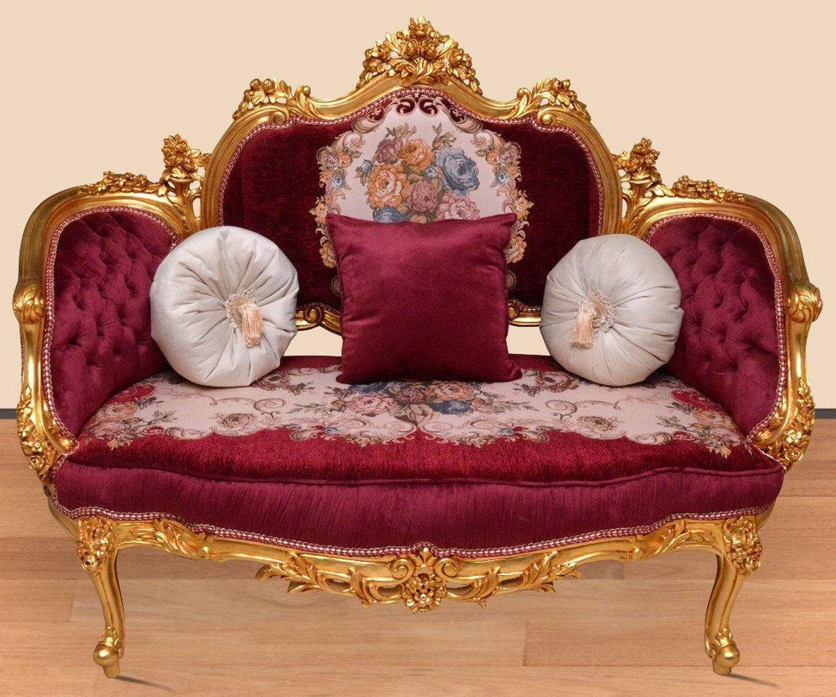 Casa Padrino Sofa Barock Sofa Bordeauxrot / Mehrfarbig / Gold - Handgefertigtes Wohnzimmer Sofa im Barockstil - Prunkvolle Barock Wohnzimmer Möbel