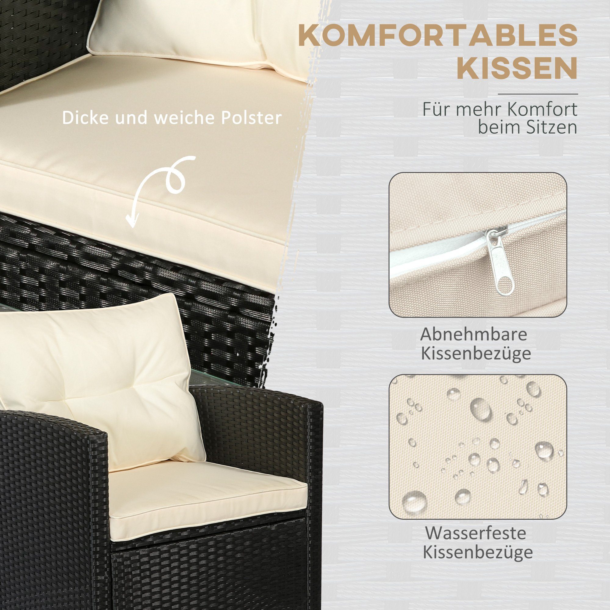 Outsunny Sitzgruppe Polyrattan Sitzgarnitur 4 TLG., (Gartenset, 4-tlg., Sitzgruppe), Metall Luxus Schwarz 124L x 68B x 76H cm
