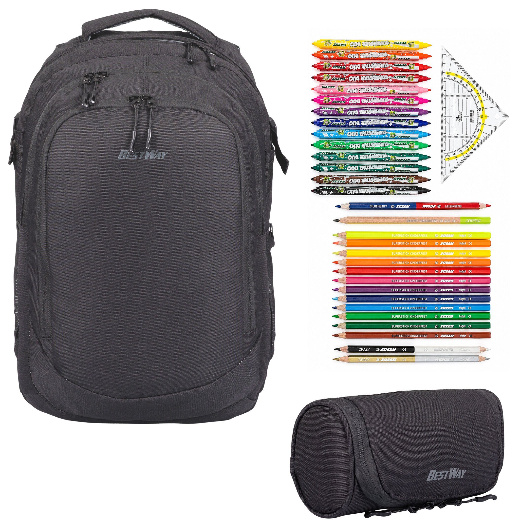BESTWAY Schulrucksack Mädchen Jungen Schultasche Schulmappe Solid (Set, 3 Teile Set: Rucksack + Mäppchen + Stifte Set 31 tlg), Schulrucksackset Mappe Campus Evo 3 Teile Set 40352 rmv