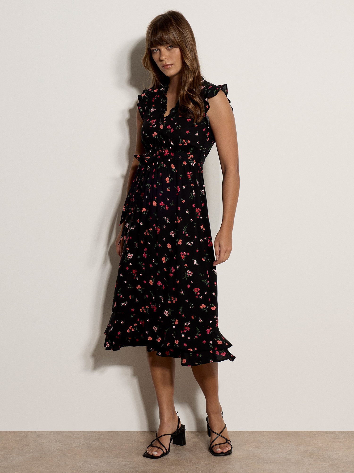 Apricot Midikleid Geblümtes Midi-Kleid mit Rüschen und Gürtel