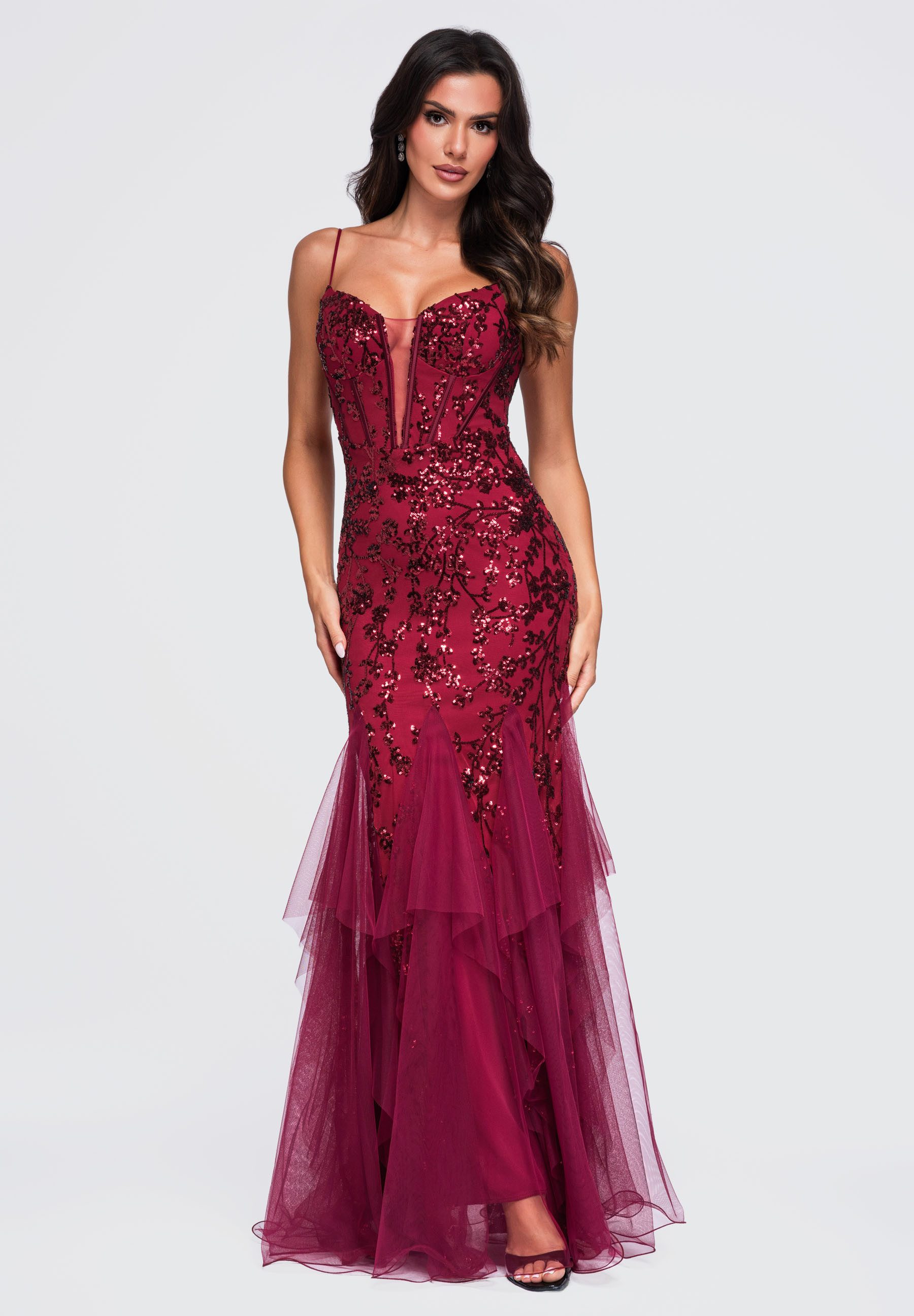 OMBRE Abendkleid Damen Abendkleid mit gorsetartiger Oberseite Bordeaux L (kein Set, 1-tlg) mit Alloverdruck