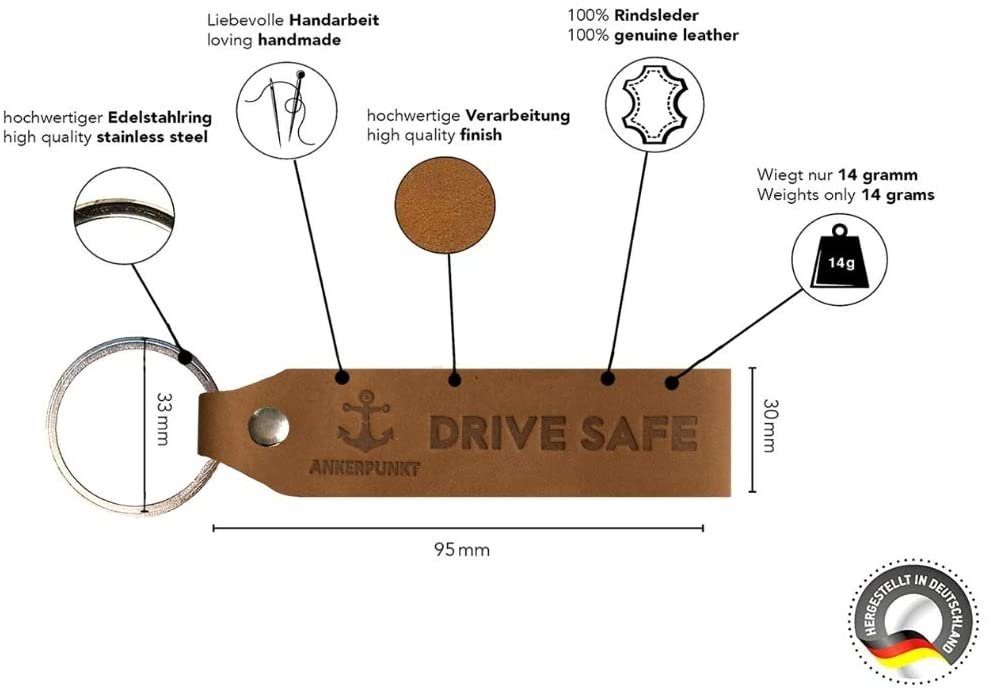 Damen Schlüsselanhänger Ankerpunkt Schlüsselanhänger mit Gravur Drive Safe Hellbraun (1-tlg), Geschenke für Frauen Geschenke für