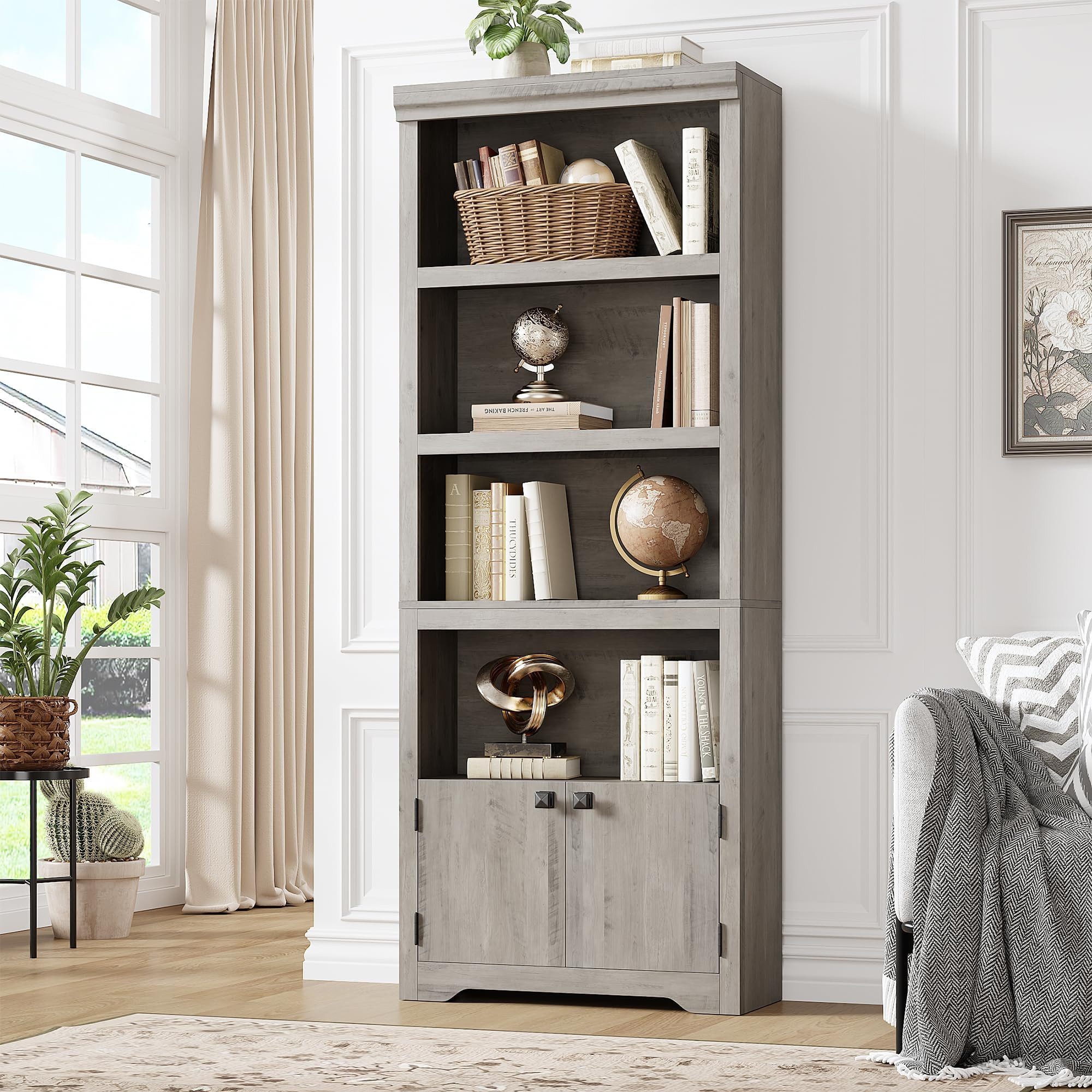 GarveeMore Bücherregal 5-stöckiger Bücherschrank mit 2 Türen, verstellbare Einlegeböden, wasserdichte Oberfläche, multifunktionales Standregal mit Kippschutz