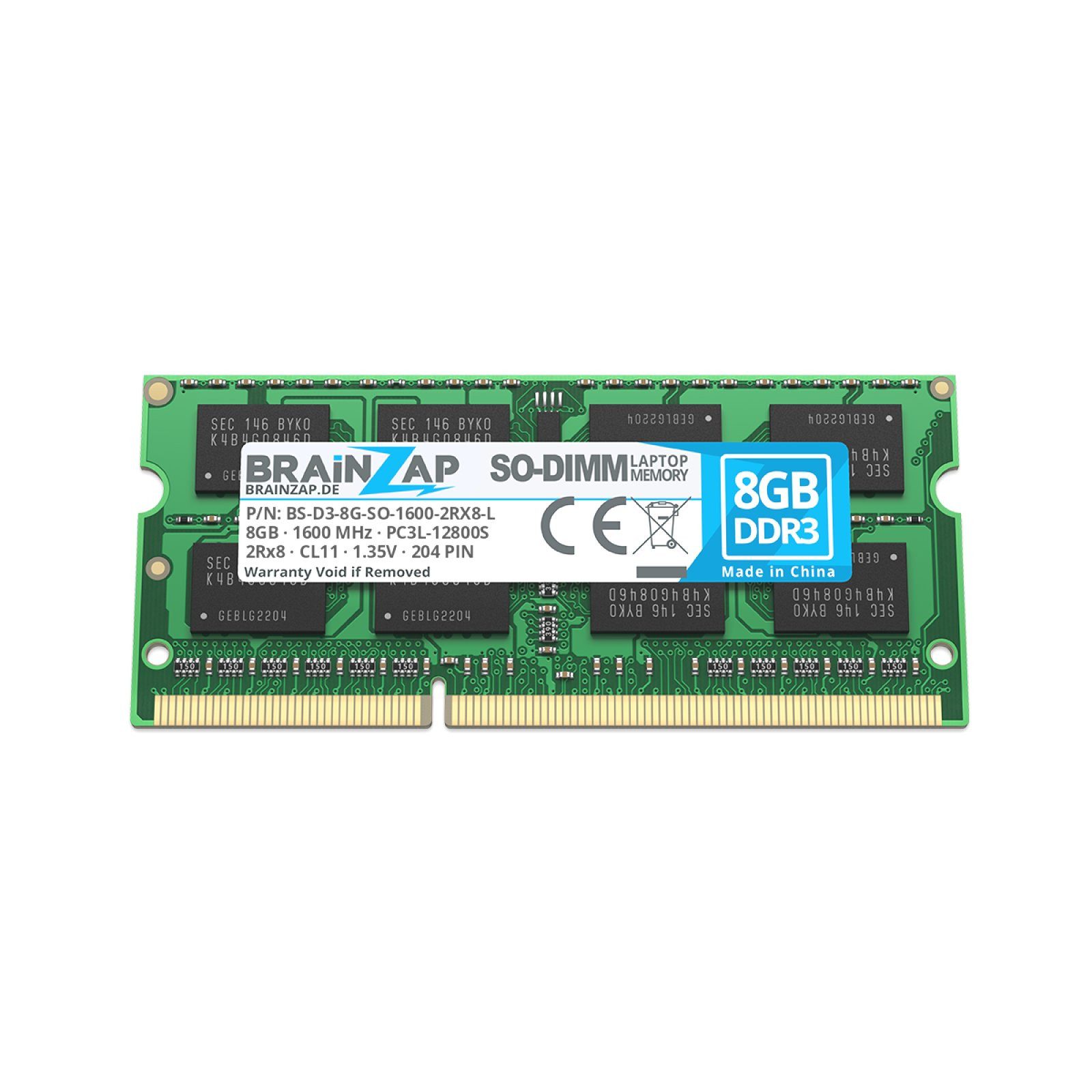 BRAINZAP 8GB RAM PC3L-12800S-11 SO-DIMM Laptop-Arbeitsspeicher (1600 MHz, CL11, 2Rx8, Non-ECC, Unbuffered, für Notebooks - Intel und)