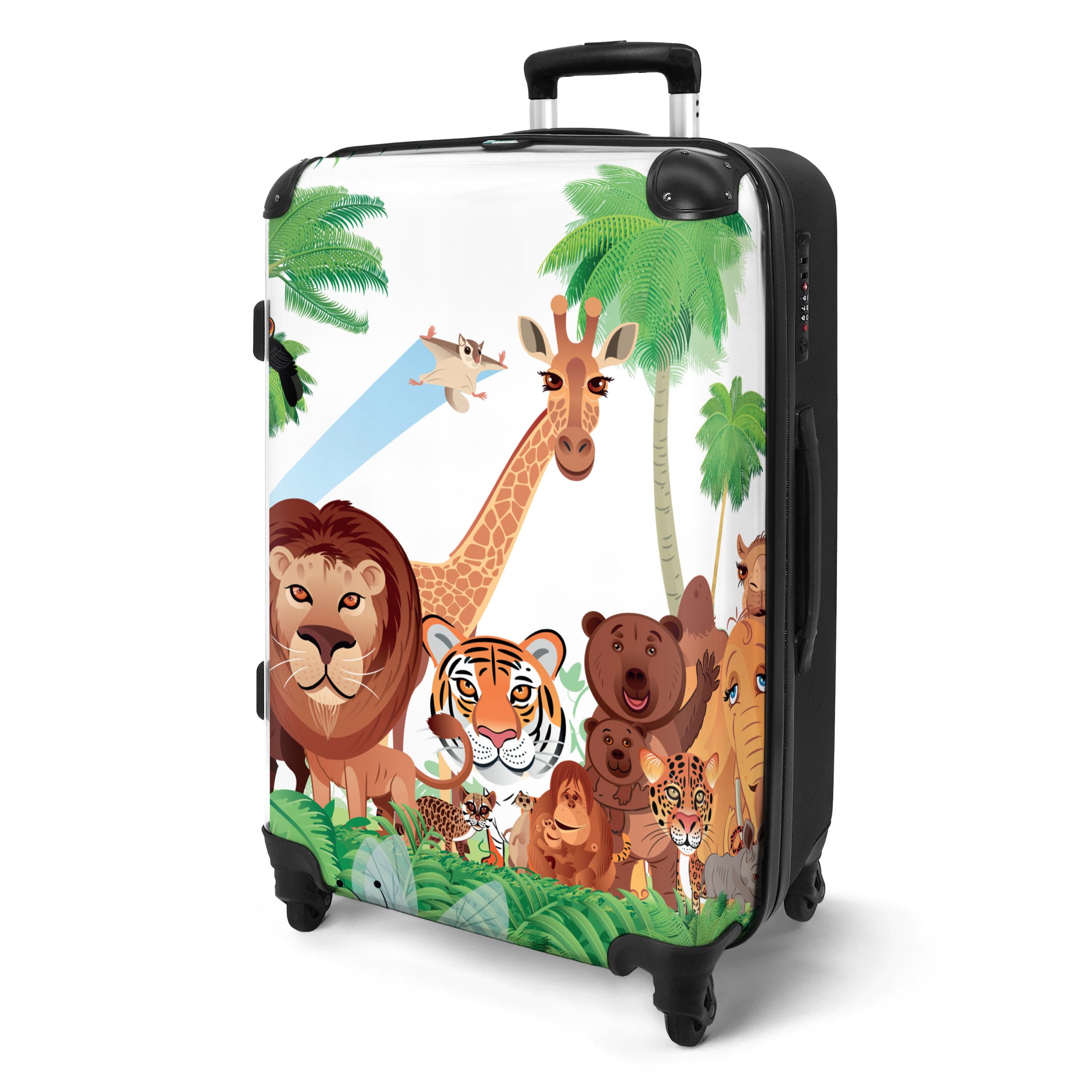 NoBoringSuitcases.com© Kinderkoffer mit leuchtende Räder - Wilde Tiere - Dschungel - Löwe - Tiger - Mädche, 4 Rollen, Mittelgroßer Reisetasche mit Rollen für 20kg, Kinderkoffer