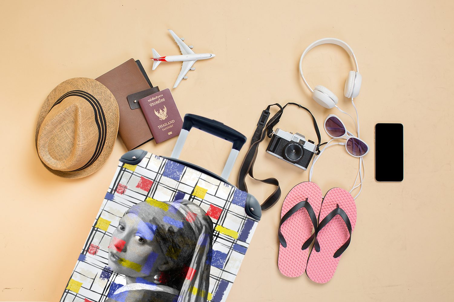 MuchoWow mit Reisetasche mit Perlenohrring für Mondrian Trolley, Reisekoffer 4 - Mädchen Handgepäck Handgepäckkoffer Ferien, Collage, rollen, Rollen, -