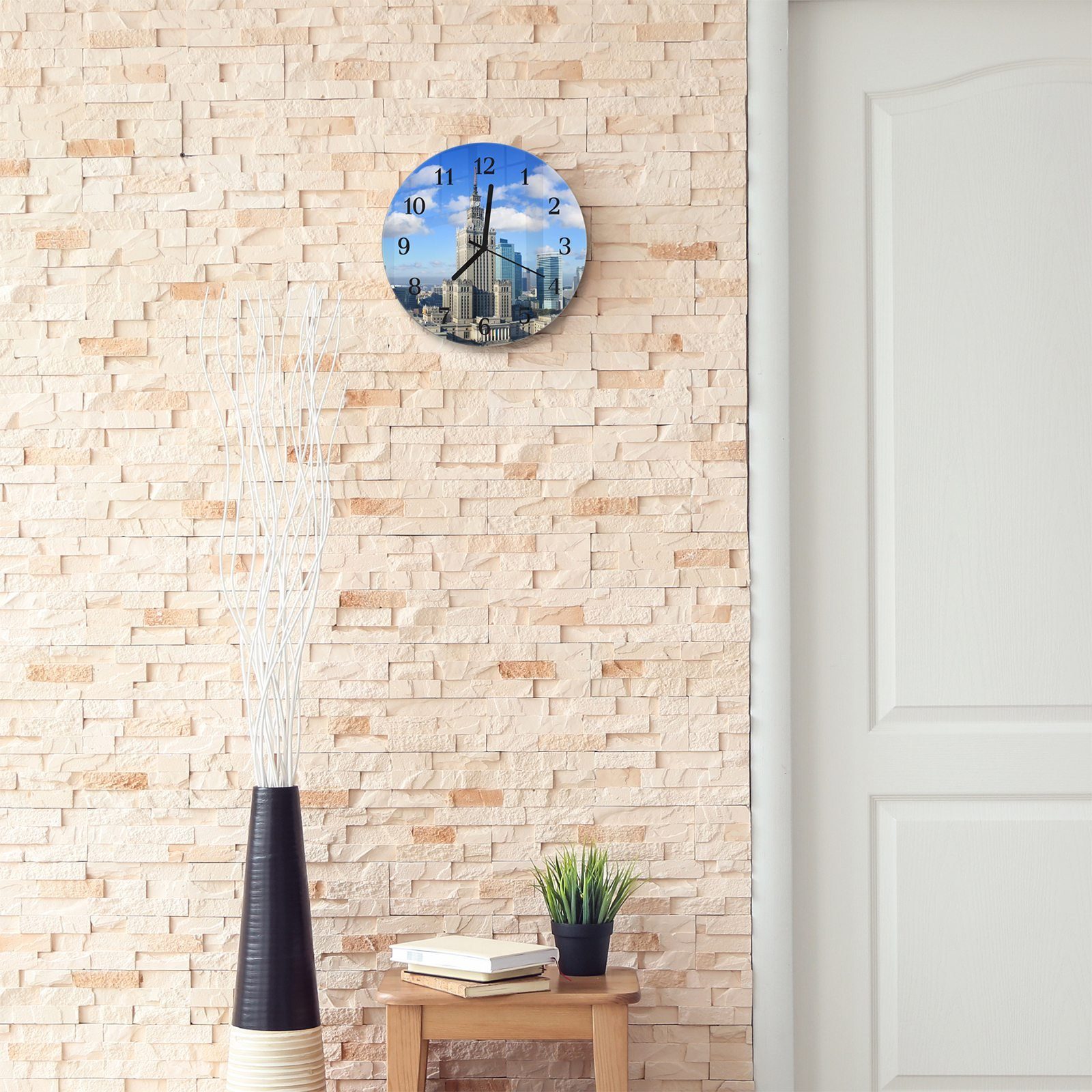 Wanduhr cm mit Sommer Rund Wanduhr und Glas Motiv im mit aus Quarzuhrwerk Durchmesser Stadt - 30 Primedeco