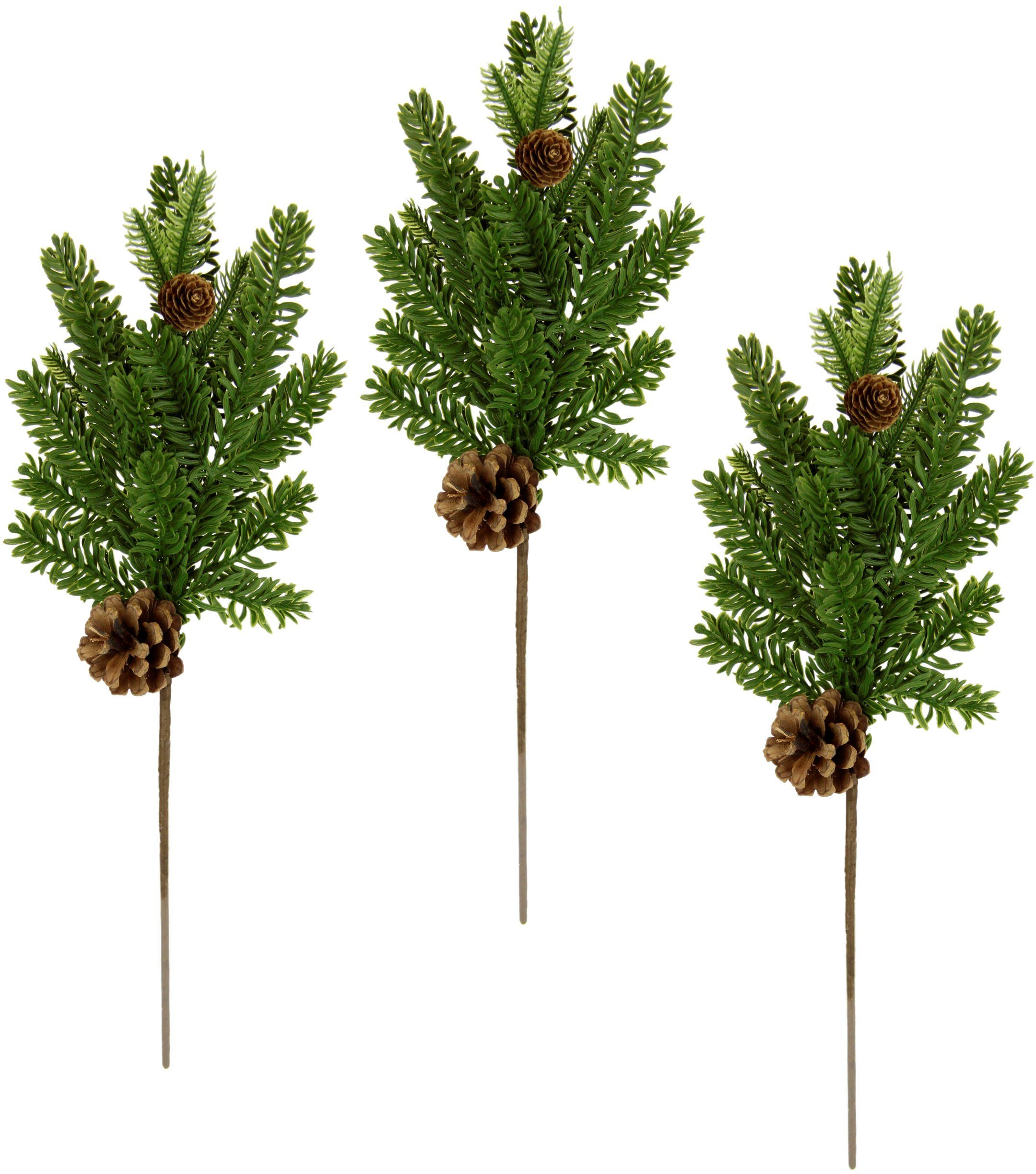 Winterliche Kunstpflanze Kunstzweig, Weihnachtsdeko Tannenzweig, I.GE.A.,  Höhe 45 cm, mit echten Zapfen, 3er Set, grün, natur