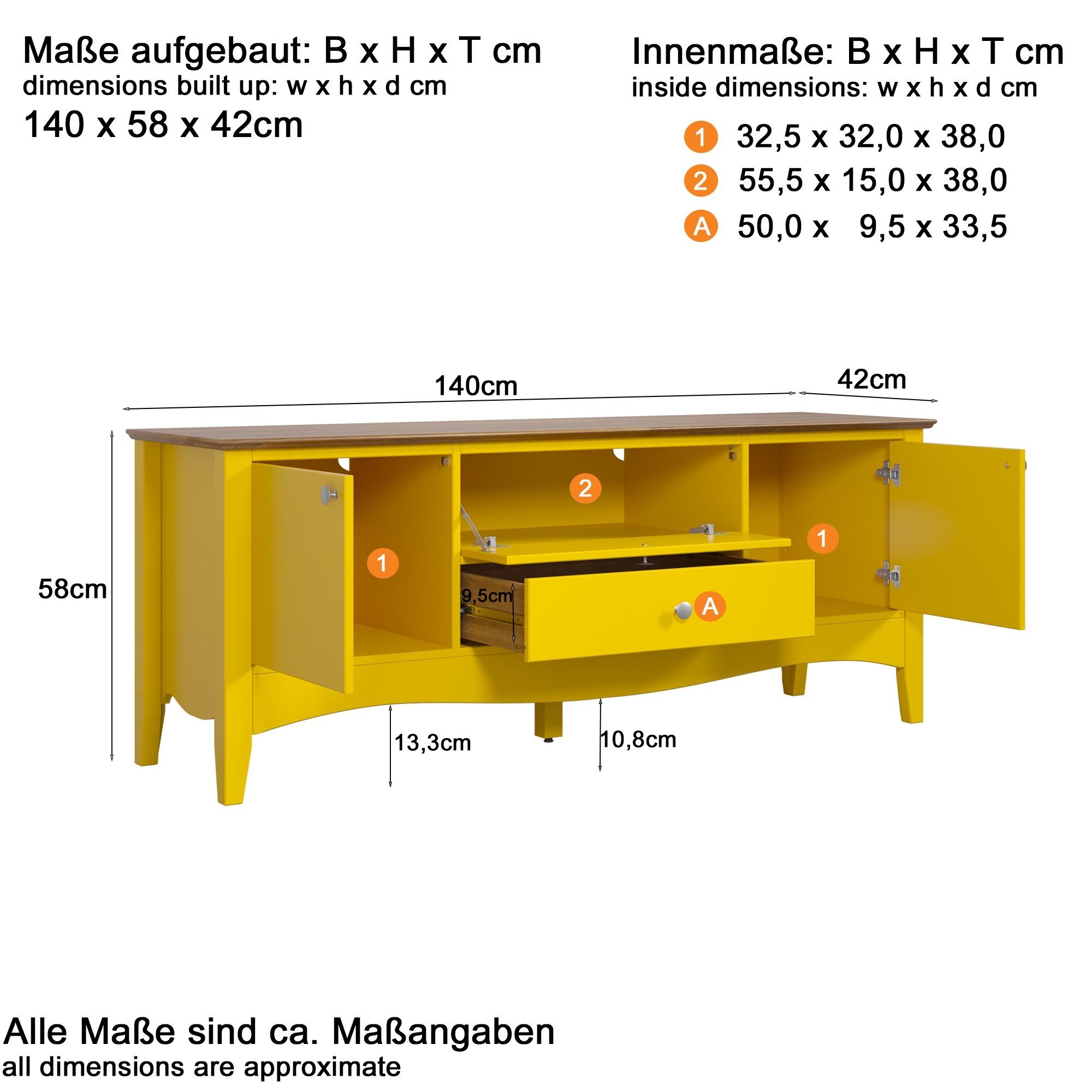 möbelando TV-Schrank Lebanon MDF aus Massiv III in 140x58x42 cm) Gelb/Braun Kiefer (BxHxT: &