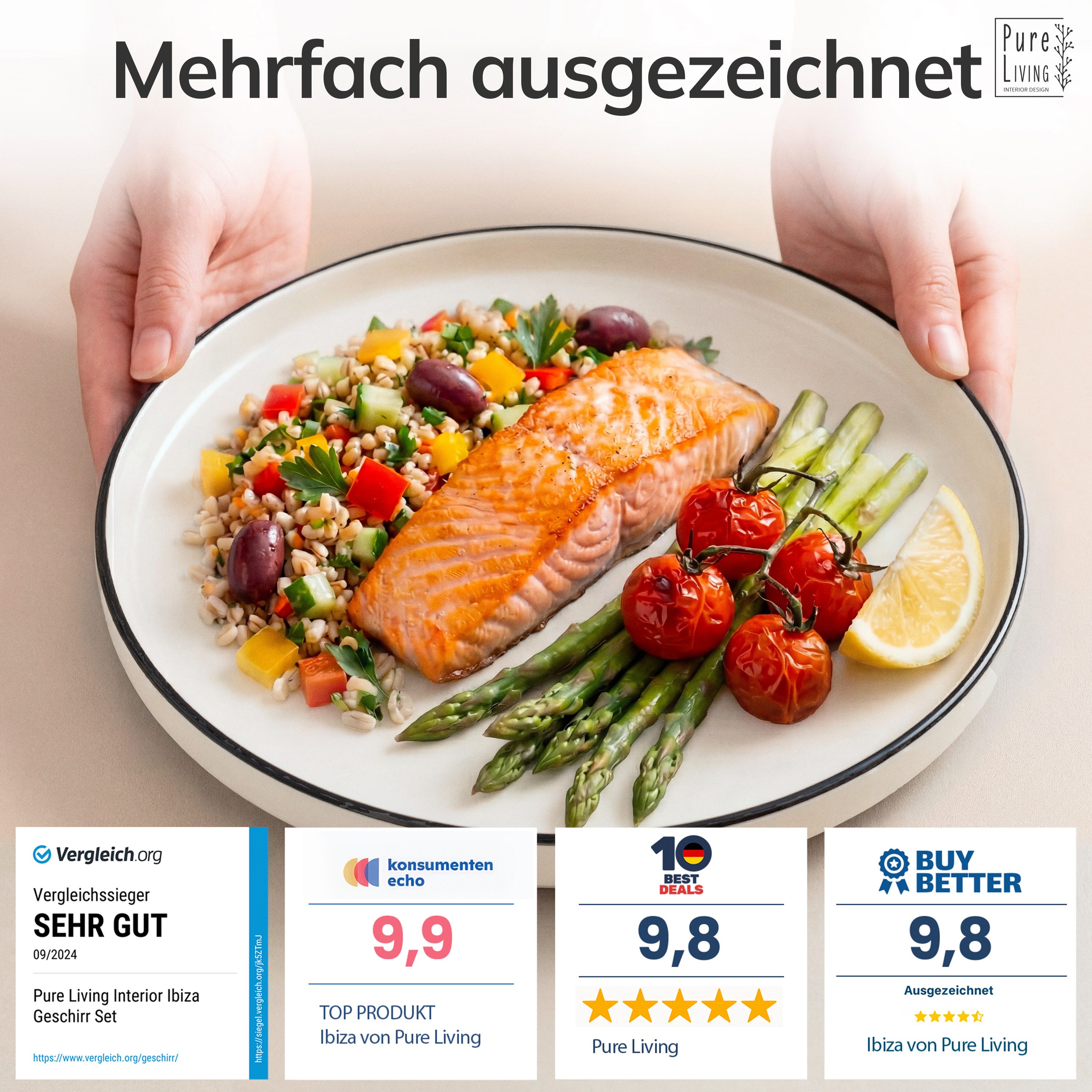 PURE LIVING INTERIOR DESIGN Geschirr-Set Pure Living »Scandi« (48-tlg), 12 Personen, Porzellan weiß, 12 Personen, Porzellan, Zeitloses skandinavisches Design, Eleganter schwarzer Rand, Minimalis…
