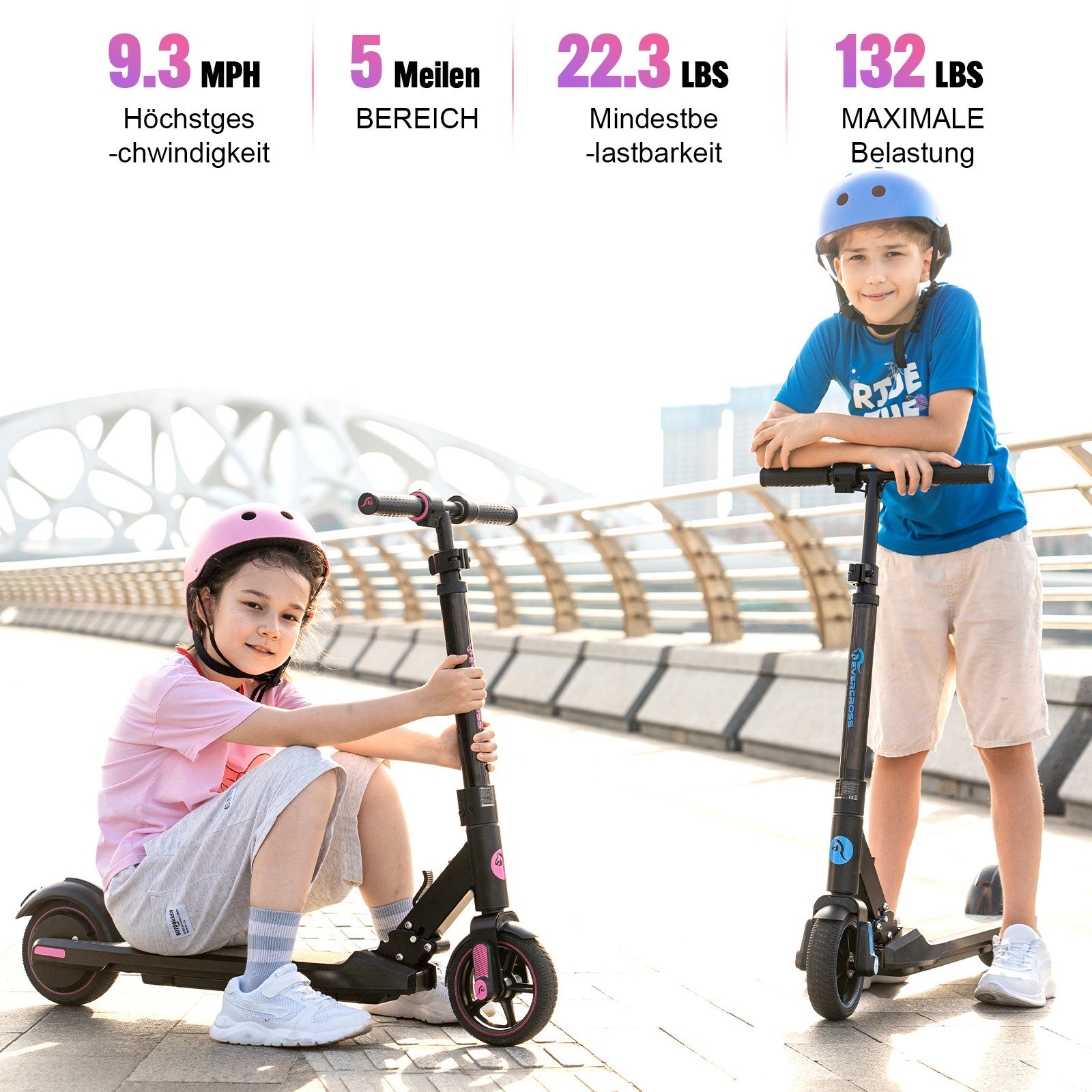 EVERCROSS TECH Elektro-Kinderroller EV06C 6.5'' Faltbarer E Scooter für Kinder 6-12 Jahren, bis zu 8 km, max 15KM/H, LED Display, Bunte Leuchten