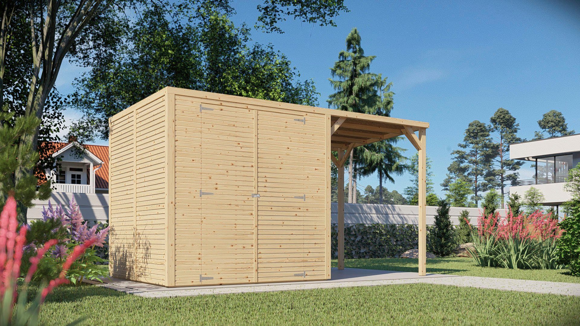 KONIFERA Gartenhaus Beno 3 PLUS Fineline Flachdach, BxT: 373x211 cm, mit Anbaudach