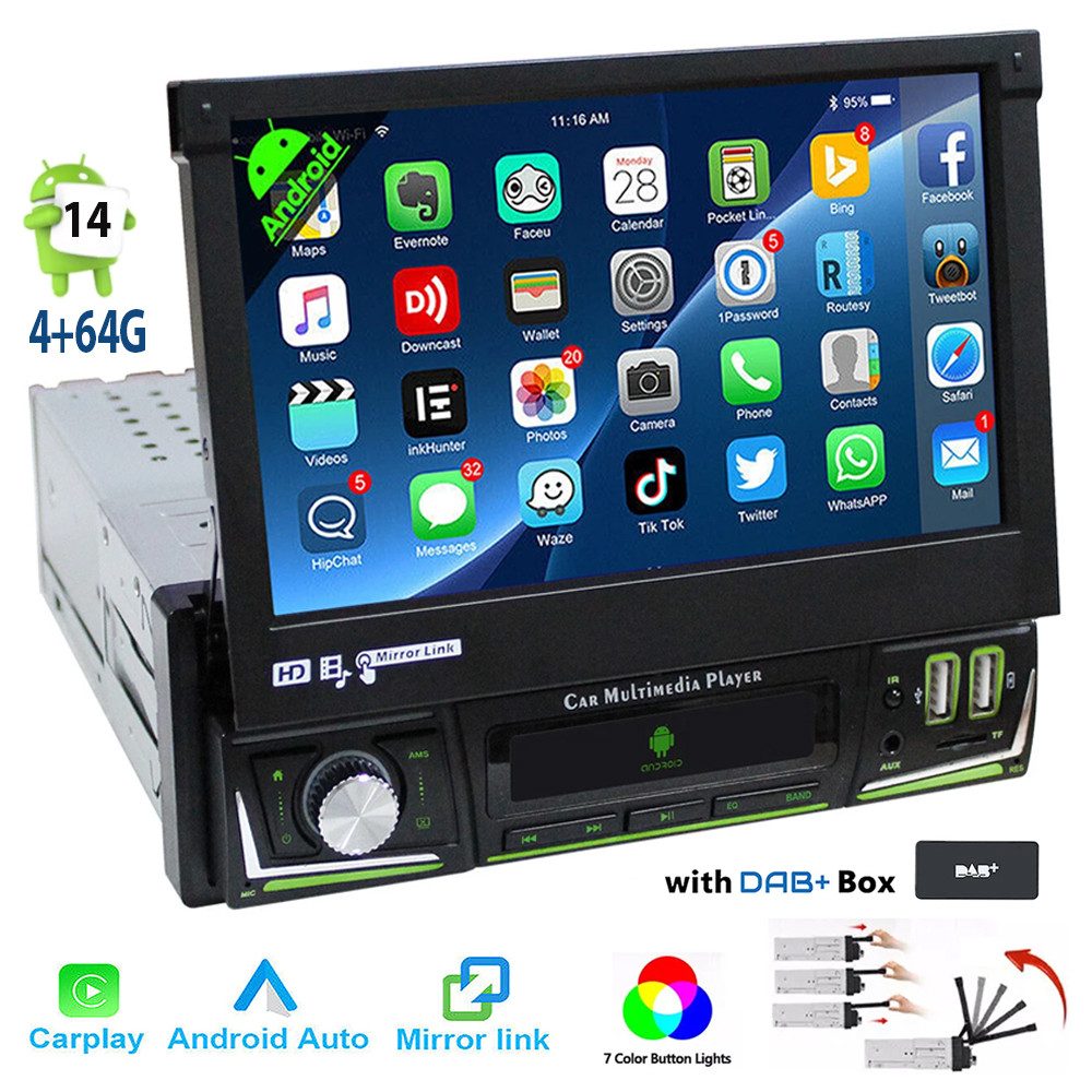 ESSGOO 7" Android 14 Wireless Carplay Android Auto Ausziehbarer Screen 4+64GB Autoradio (FM, RDS, DAB (optional), 4+64GB(optional), DAB (optional) GPS Navi WIFI FM Bluetooth RDS EQ USB Touchscreen SWC)