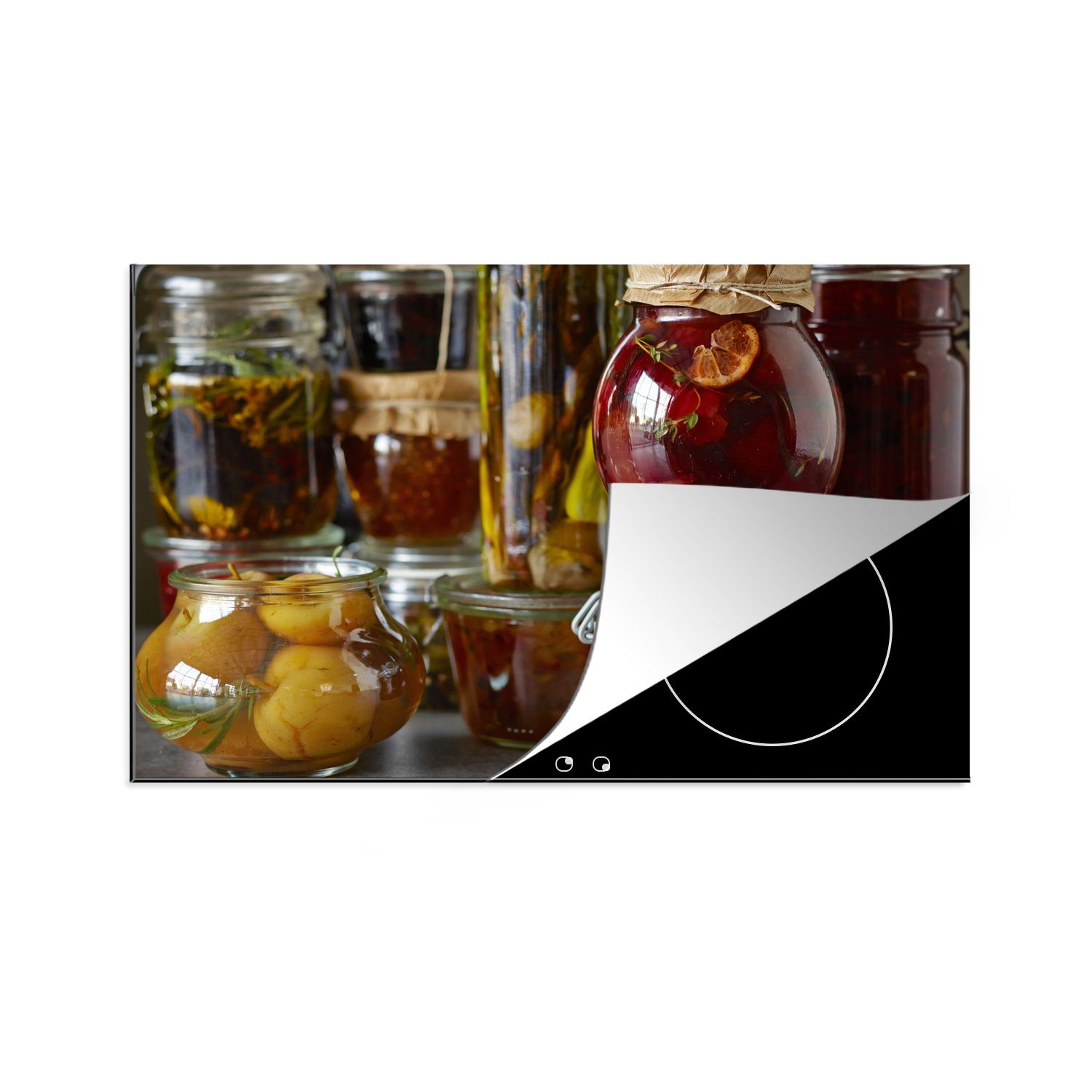 MuchoWow Herdblende-/Abdeckplatte Nahaufnahme von Obst und Gemüse in einem Weckglas, Vinyl, (1 tlg), 81x52 cm, Induktionskochfeld Schutz für die küche, Ceranfeldabdeckung
