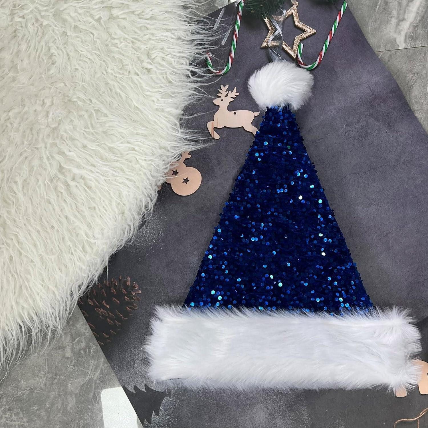 LuxusKollektion Plüschmütze Weihnachtsmütze Samt mit Plüsch Rand Blau (1-St)