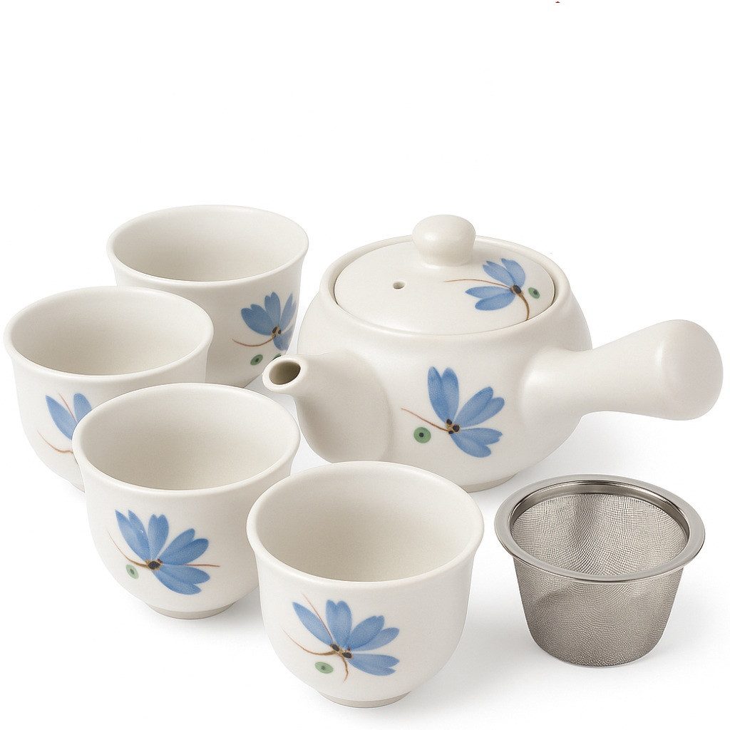 Goodwei Чайный сервиз Japanisches Kyusu Teeset „Rindō“ – Seitengriffkanne mit Sieb, 4 Tassen (5-tlg), 4 Personen, Keramik