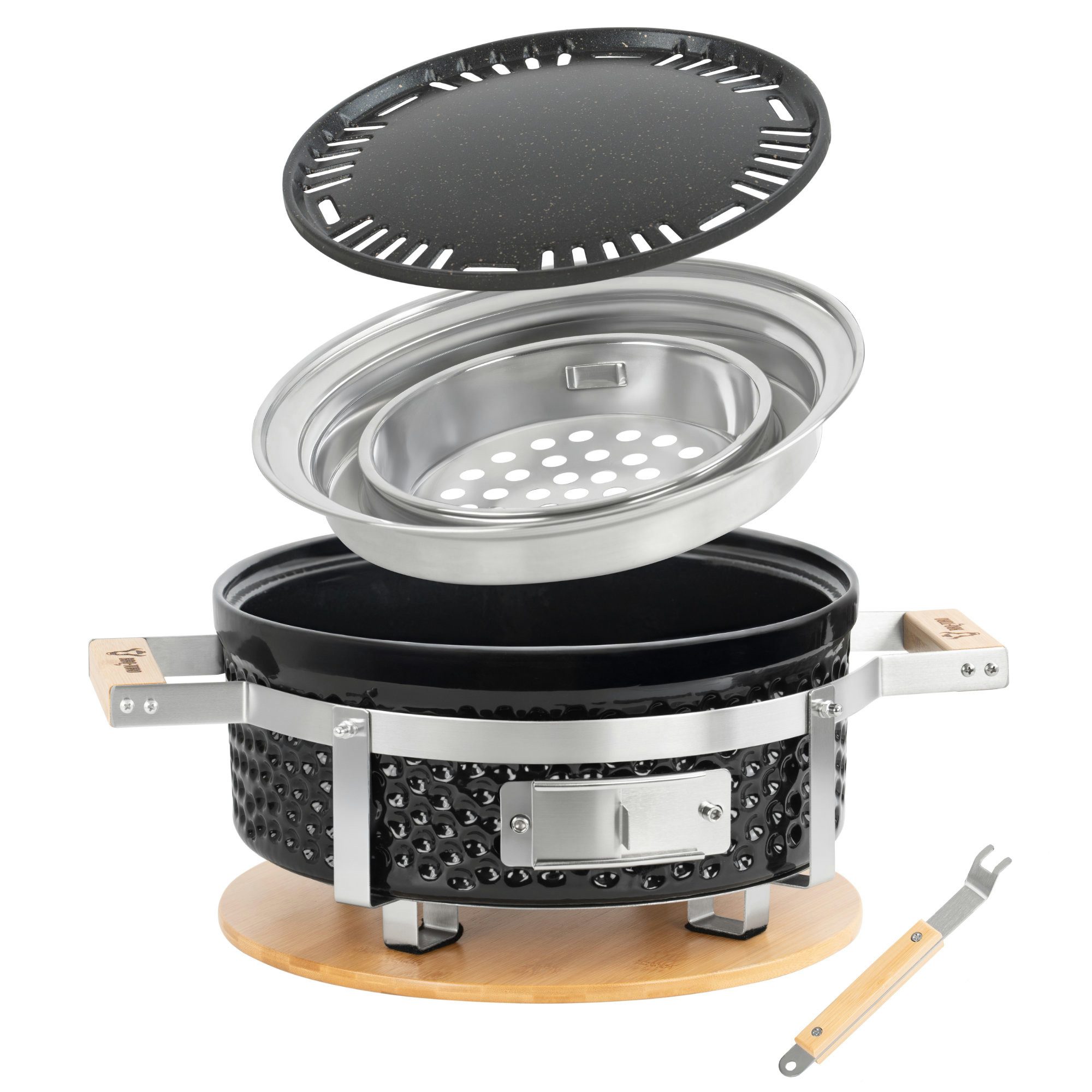 BBQ-Toro Tischgrill Keramik Tischgrill Rund, Ø 29,5 cm, Japanischer Grill mit Holzunterlag, Optimale Hitzespeicherung durch dickwandige Keramikhülle