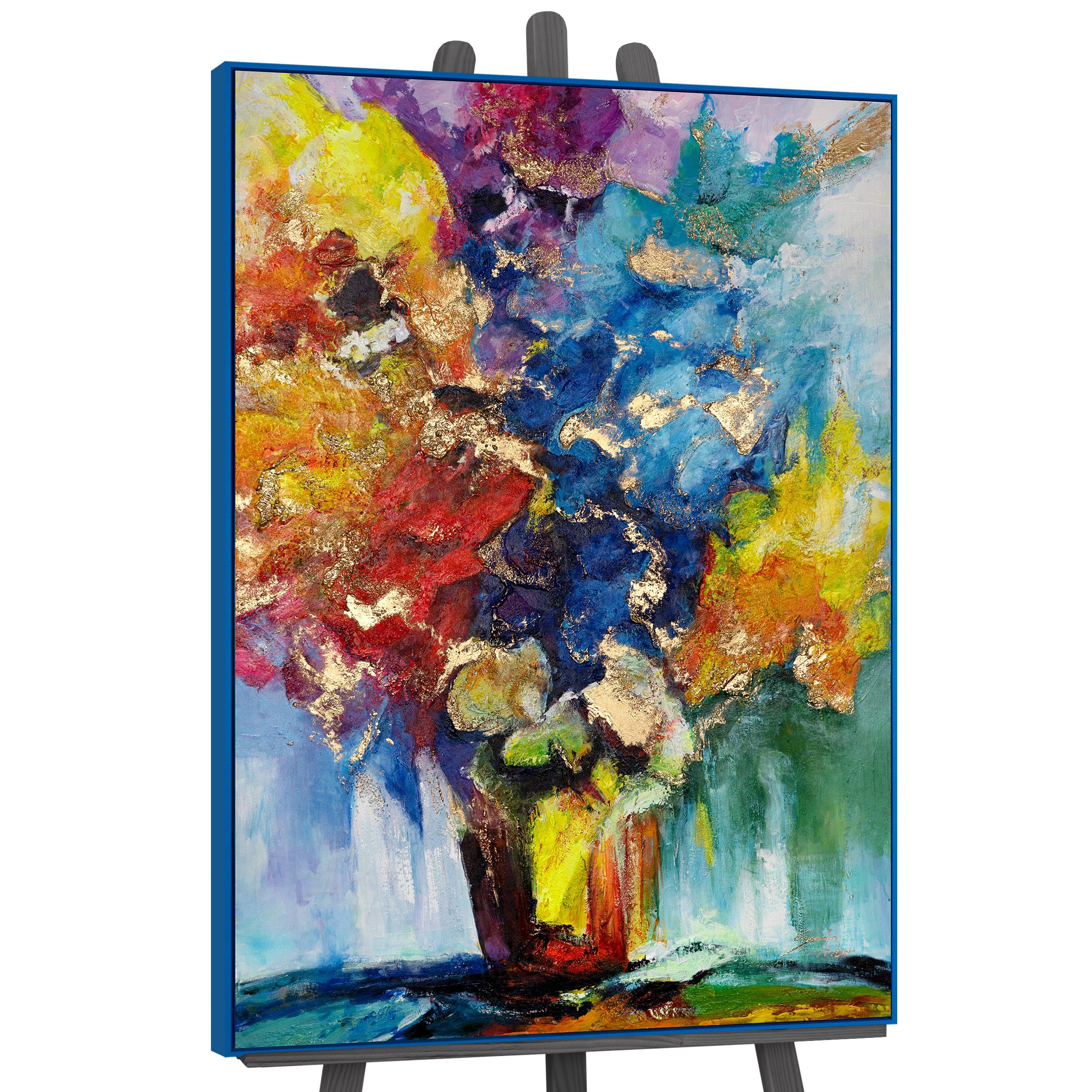 YS-Art Gemälde Sonnenblumenstrauß, Blumen, Blumen in einer Vase in bunten Farben im Schattenfugenrahmen