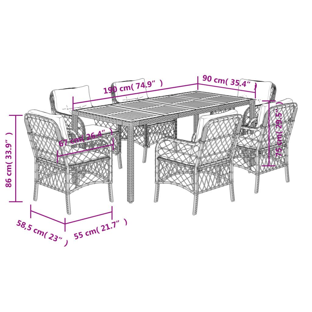 vidaXL Garten-Essgruppe 7-tlg. Garten-Essgruppe mit Kissen Grau Poly Rattan, (6-tlg)