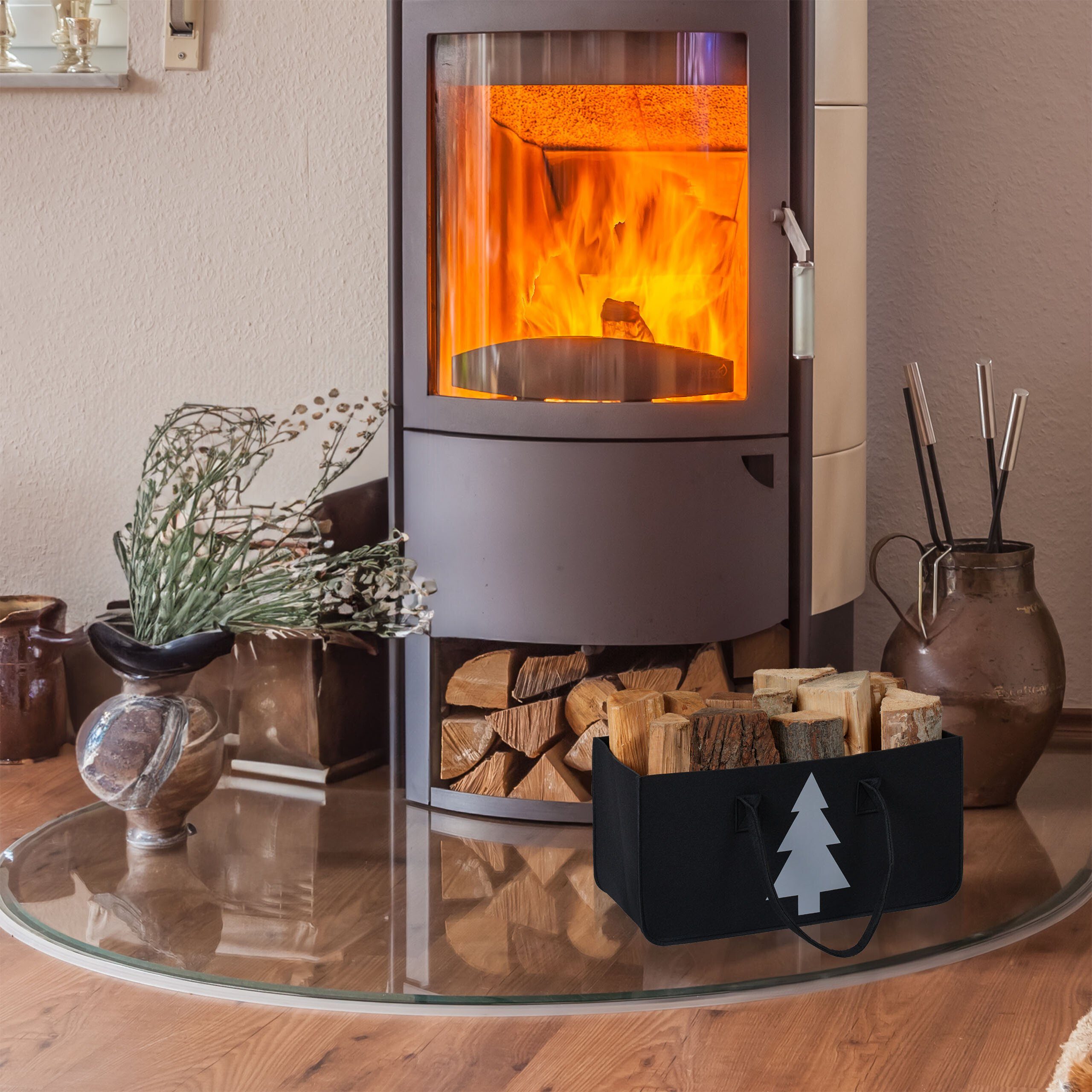 relaxdays Holztragetasche Schwarze Kaminholztasche Filz mit Motiv günstig online kaufen