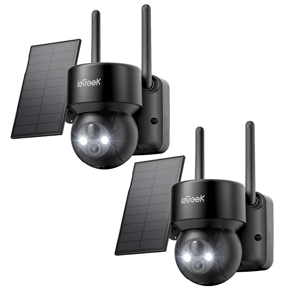ieGeek Überwachungskamera 2 Stück 2K/3MP Solar Überwachungskamera Aussen akku 355°/120° Pan Tilt (Aussen, Außenbereich, Outdoor Kamera Kabellos mit LED-Licht,Humanoiderkennung/PIR-Erkennung, 2-Wege-Audio, Farbige Nachtsicht, IP66 Wasserdicht,Mit Alexa, 4-fachen Digital Zoom,4dBi Dual-WiFi-Antennen,Mit der Familie teilen)
