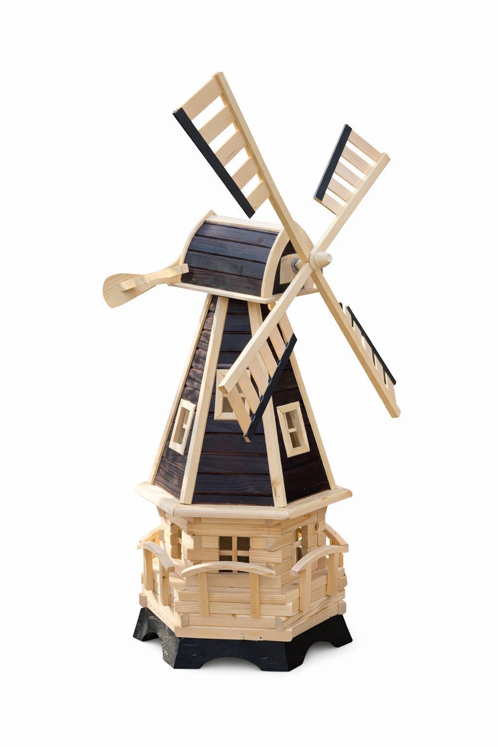 Holzdekoladen Deko-Windrad Holländische Gartenwindmühle Holz drehbar mit Fenster 130 cm