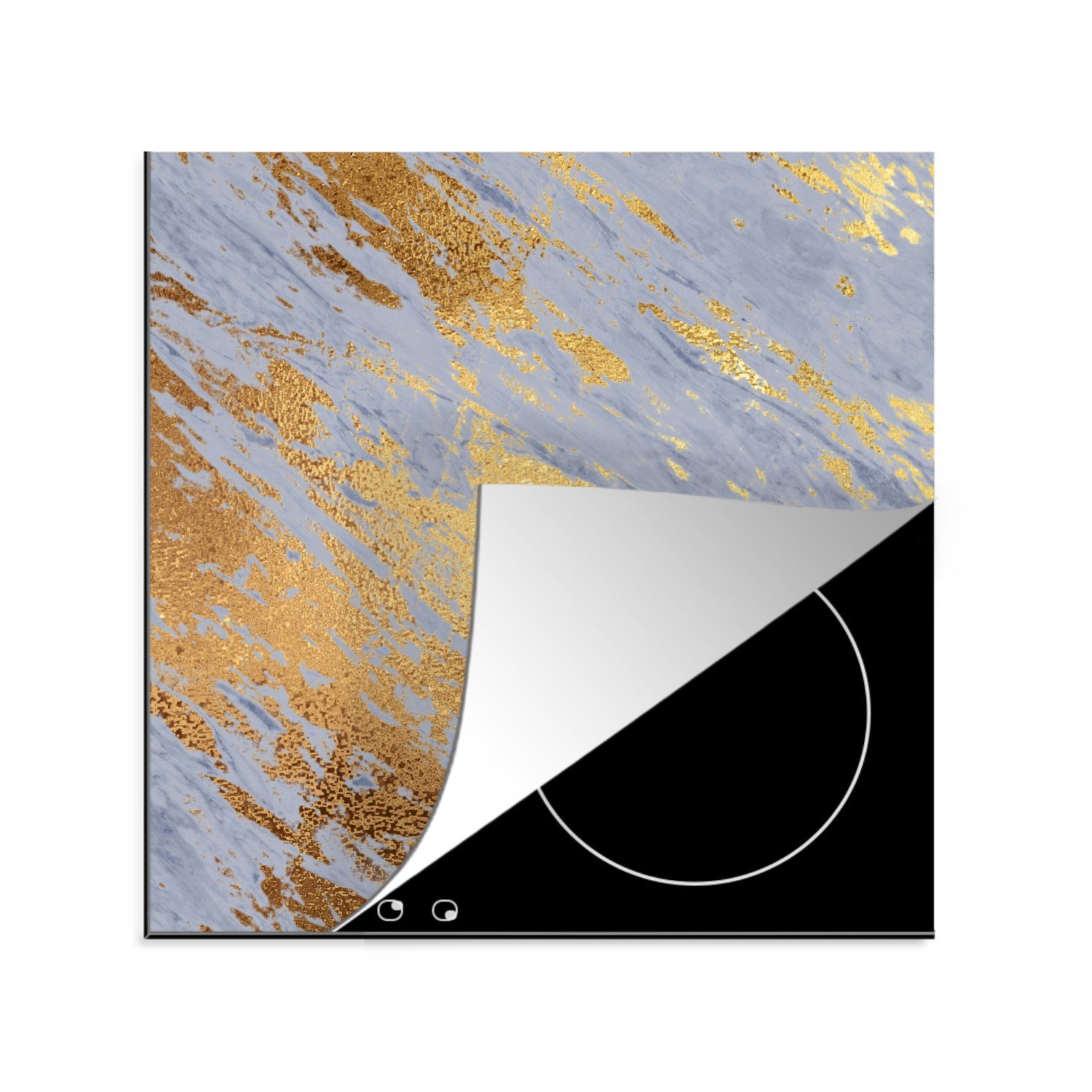 MuchoWow Herdblende-/Abdeckplatte Marmor - Gold - Blau, Vinyl, (1 tlg), 78x78 cm, Ceranfeldabdeckung, Arbeitsplatte für küche