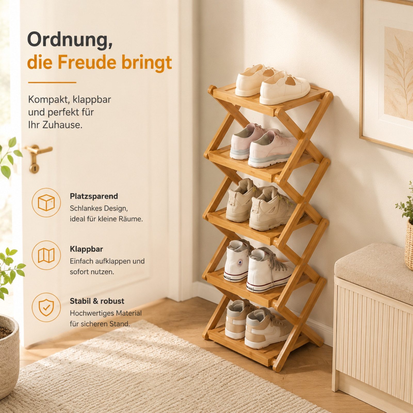 Jumpeak Schuhregal Schuhregal,Schuhablage,Faltregal,Organizer,Aufbewahrung, Schuhregal klein,Schuhregal 2 ebenen,Mini schuhregal,Bambus,Dreifarbig