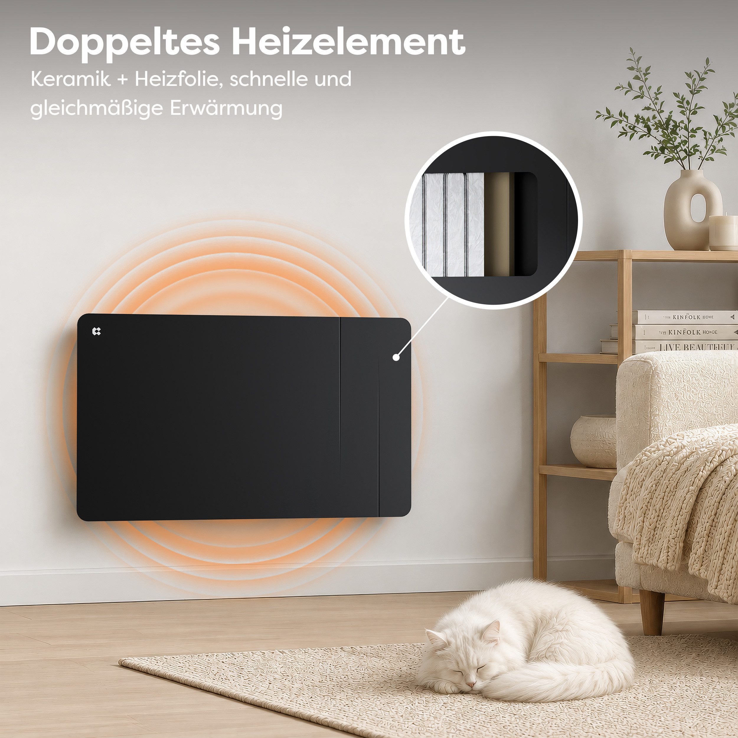 CIARRA Elektro-Heizkörper Heizgerät Smart-Heater 1500 W WLAN Steuerung, PID Thermostat, Intelligenter Keramik-Elektroheizung programmierbar CBHTD15A-B