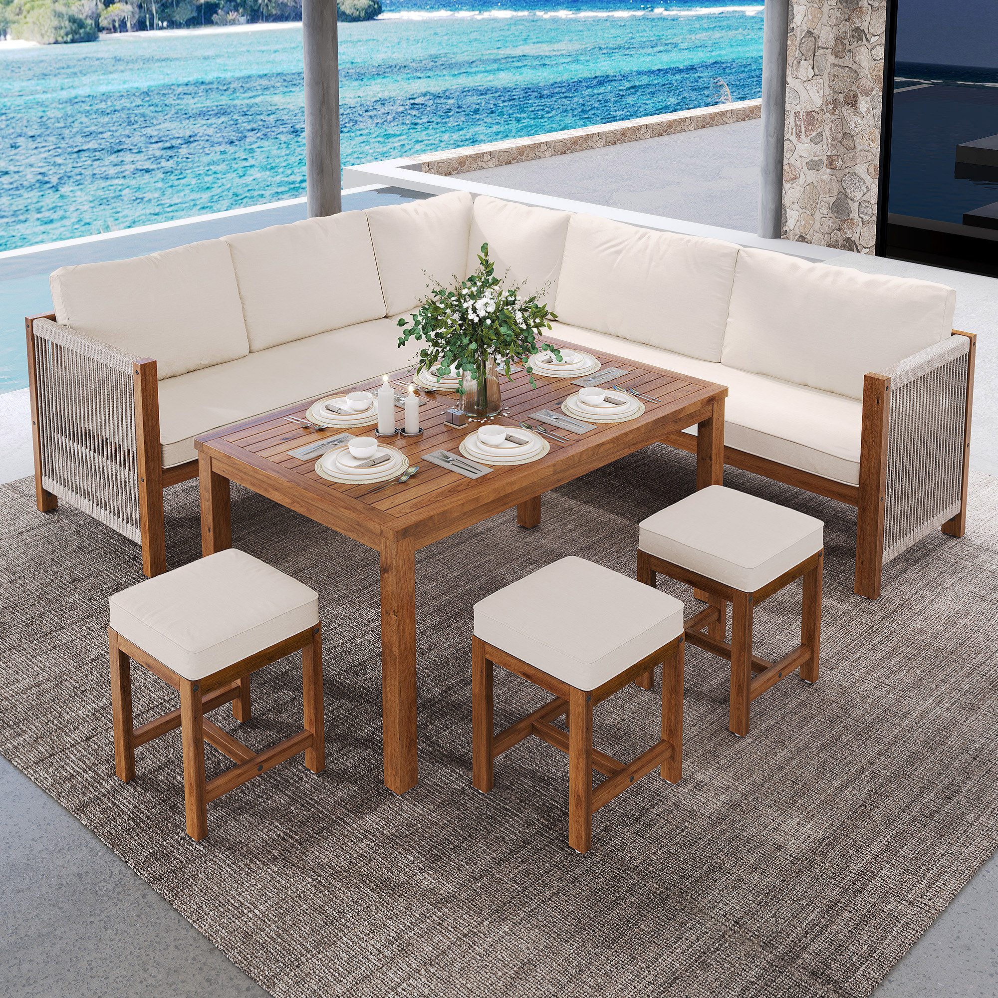 Celya Gartenlounge-Set Gartenlounges, Gartenmöbel Set 8 Personen mit Esstisch, (Outdoor-Tisch- und Stuhl-Set für 7–8 Personen, mit Sofa, 3 Hocker und 1 Tisch, Akazie, Beige+Natur), Gartenmöbel Set mit Kissen, Ecksofa, Polyrattan Lounge