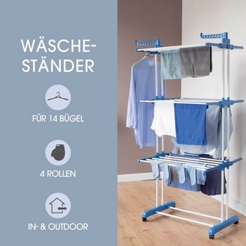 EASYmaxx Wäscheständer 3 Etagen mit Rollen 63x76x173 cm weiß/blau, klappbar, outdoor, platzsparend