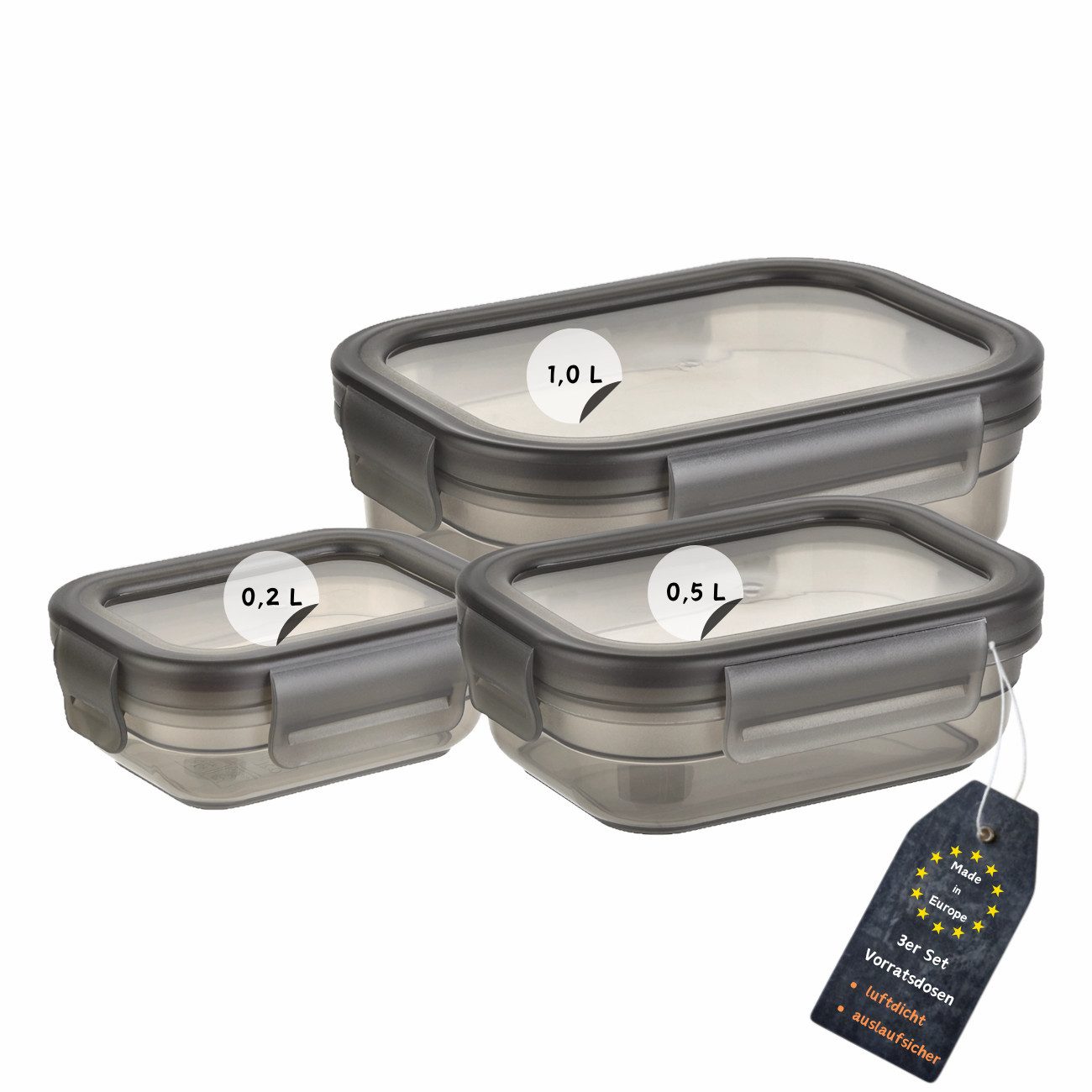 Engelland Frischhaltedose 3er Set Aufbewahrungsdosen mit Deckel, Vorratsdose, Frischhaltedose, Kunststoff/Silikon, (Vorteils-Set, 3-tlg., 0,2 L / 0,5 L / 1,0 L), luftdicht, auslaufsicher, stapelbar, BPA-frei, verschiedene Größen