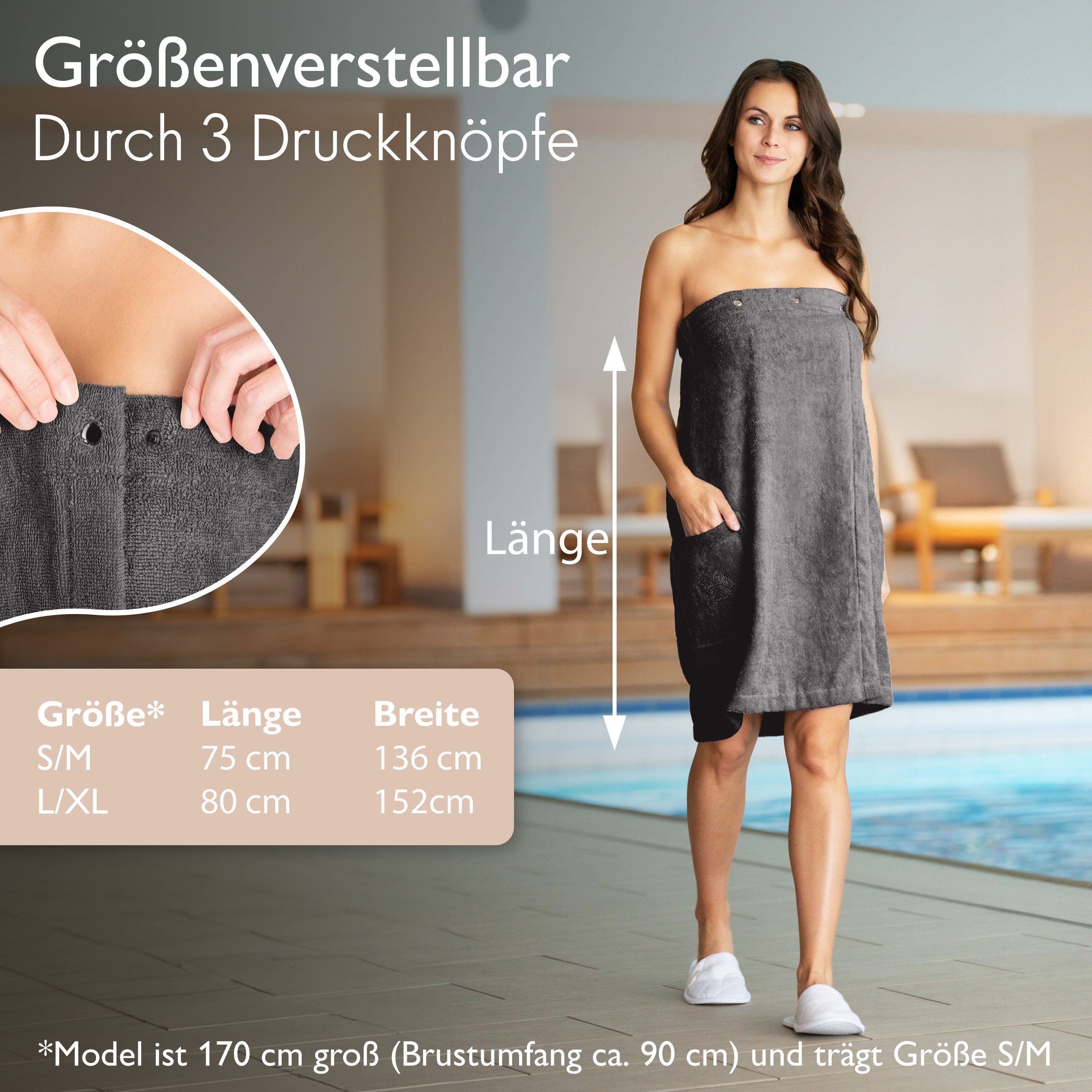 saugstark mit weich 360 Damen, Damen, Saunatuch und Zugband, und - m² g/ Liebenstein Saunakilt Saunahandtuch, Handtuchkleid, mit Kilt anthrazit Knöpfe Premium außergewöhnlich