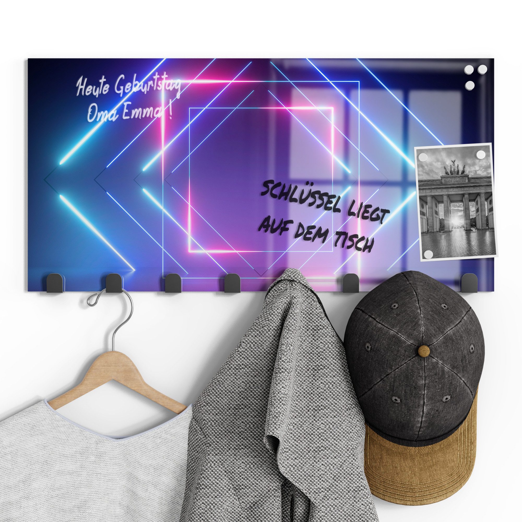 DEQORI Kleiderhaken 'Neon Geometrie', Glas Garderobe Paneel magnetisch beschreibbar