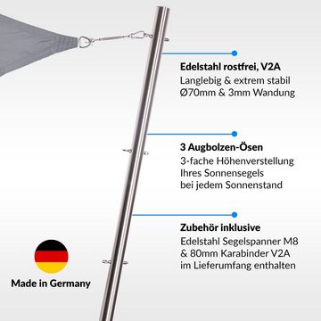 Toldoro Sonnensegel Edelstahl Stange für Sonnensegel mit 3 Ösen Höhenverstellbar Ø70x3mm V2A, (2,5m)