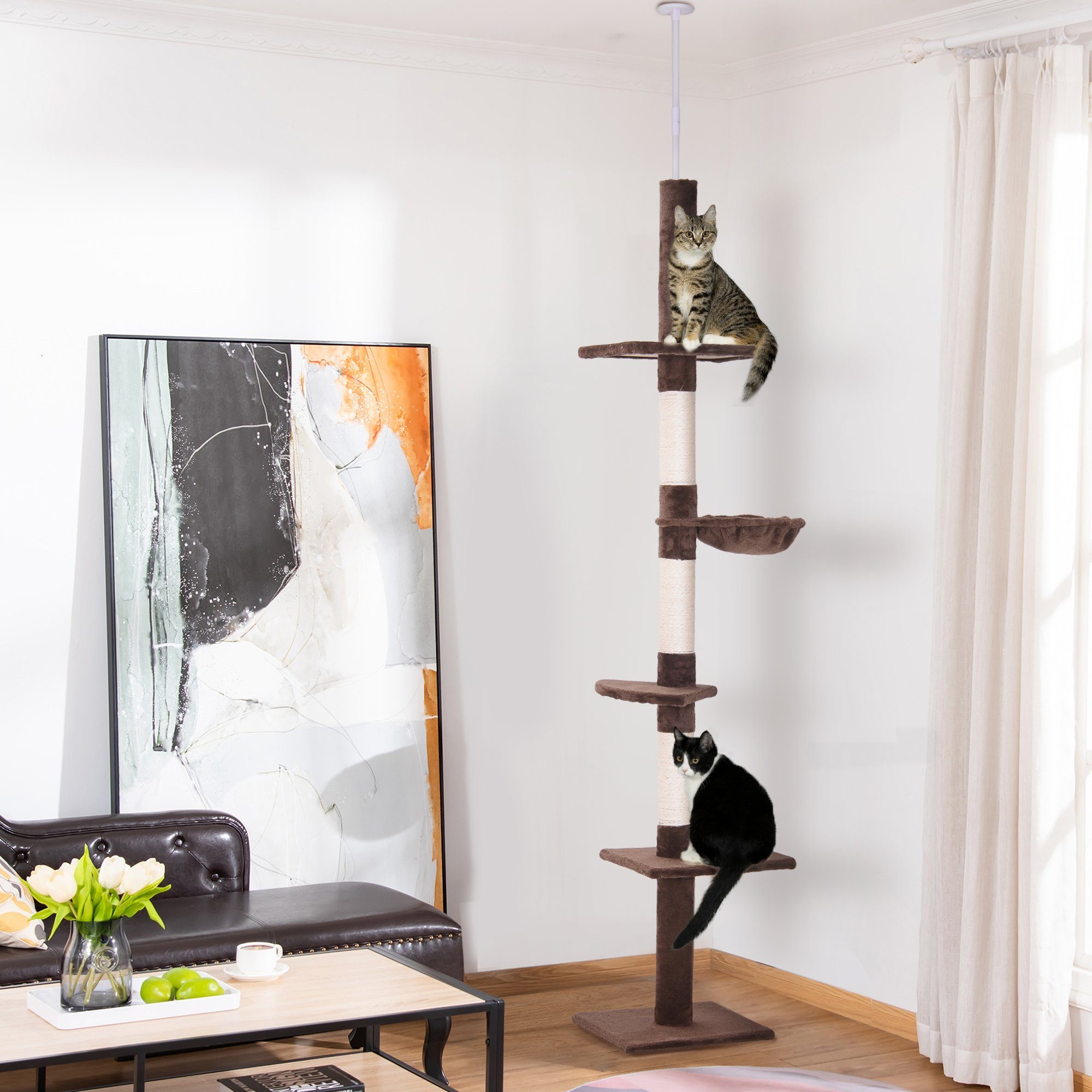 PawHut Kratzbaum Deckenhoch höhenverstellbar, Katzenbaum mit Sisalsäulen, für Garten, Balkon, Braun