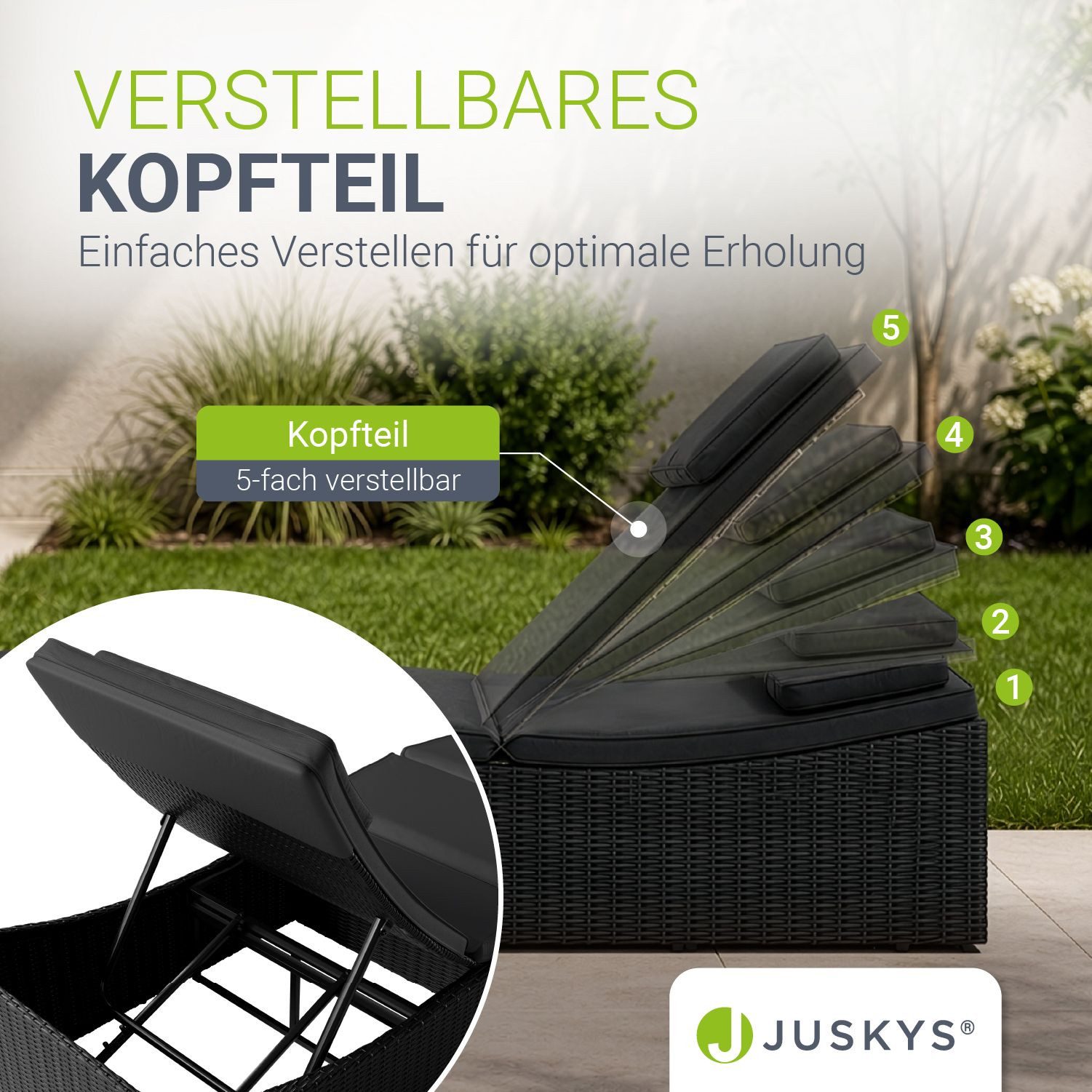 Juskys Wellnessliege Lamia, Polyrattan Liege, klappbar, Kopfteil verstellbar, 160 kg belastbar