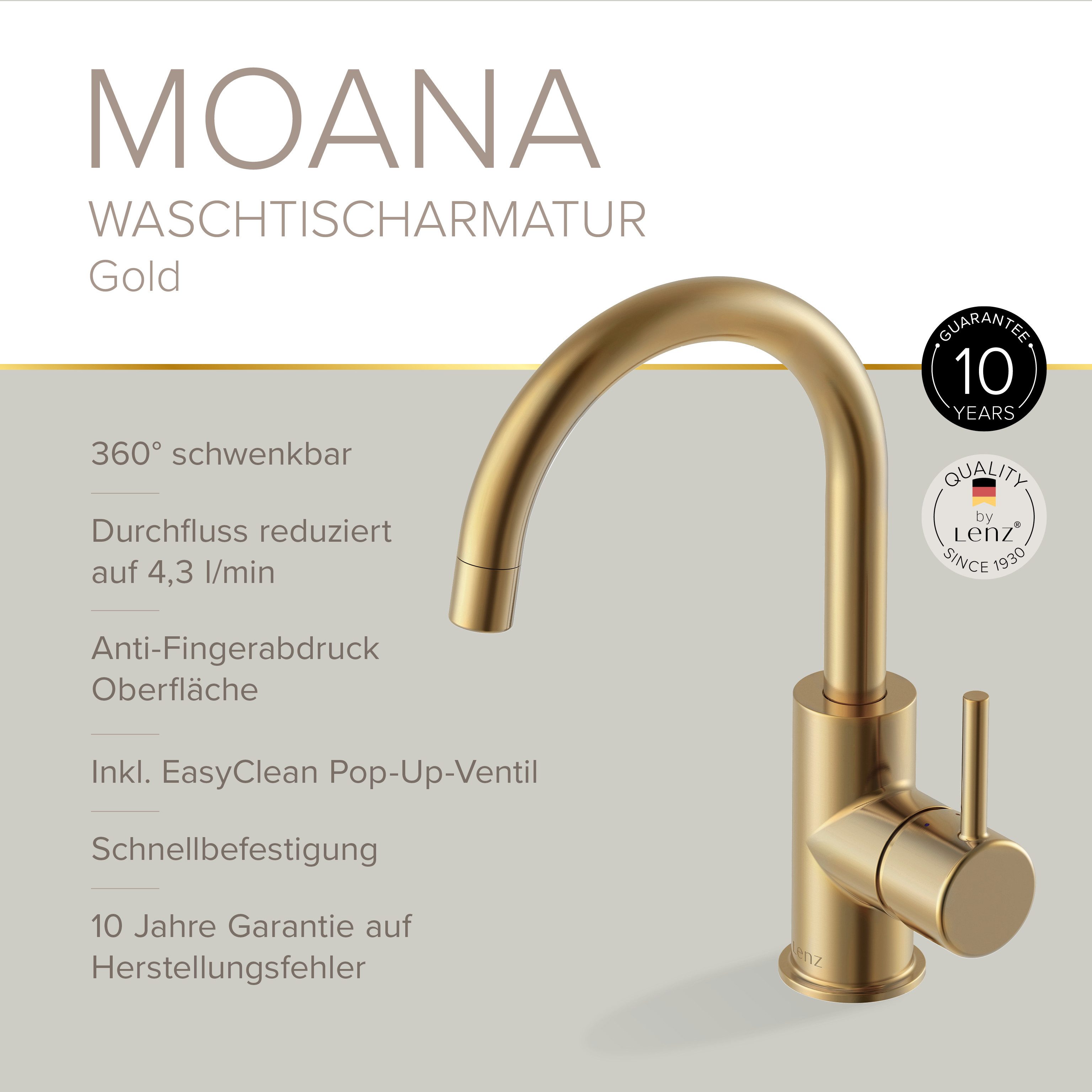 Lenz Waschtischarmatur MOANA Badarmatur mit Pop-Up-Ventil (Armatur mit Pop-Up-Ventil) – Bild 3 von 5