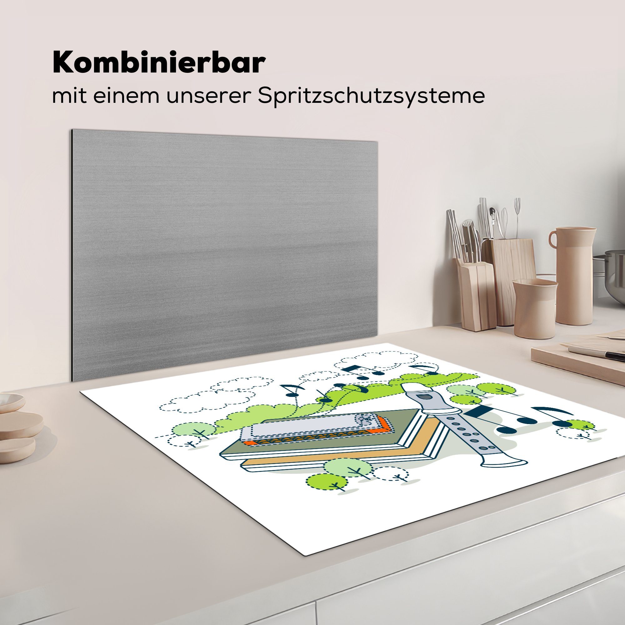 für mit tlg), Flöte Vinyl, einer cm, (1 küche Herdblende-/Abdeckplatte MuchoWow Bäumen 78x78 Illustrationen Ceranfeldabdeckung, Musiknoten, Arbeitsplatte und