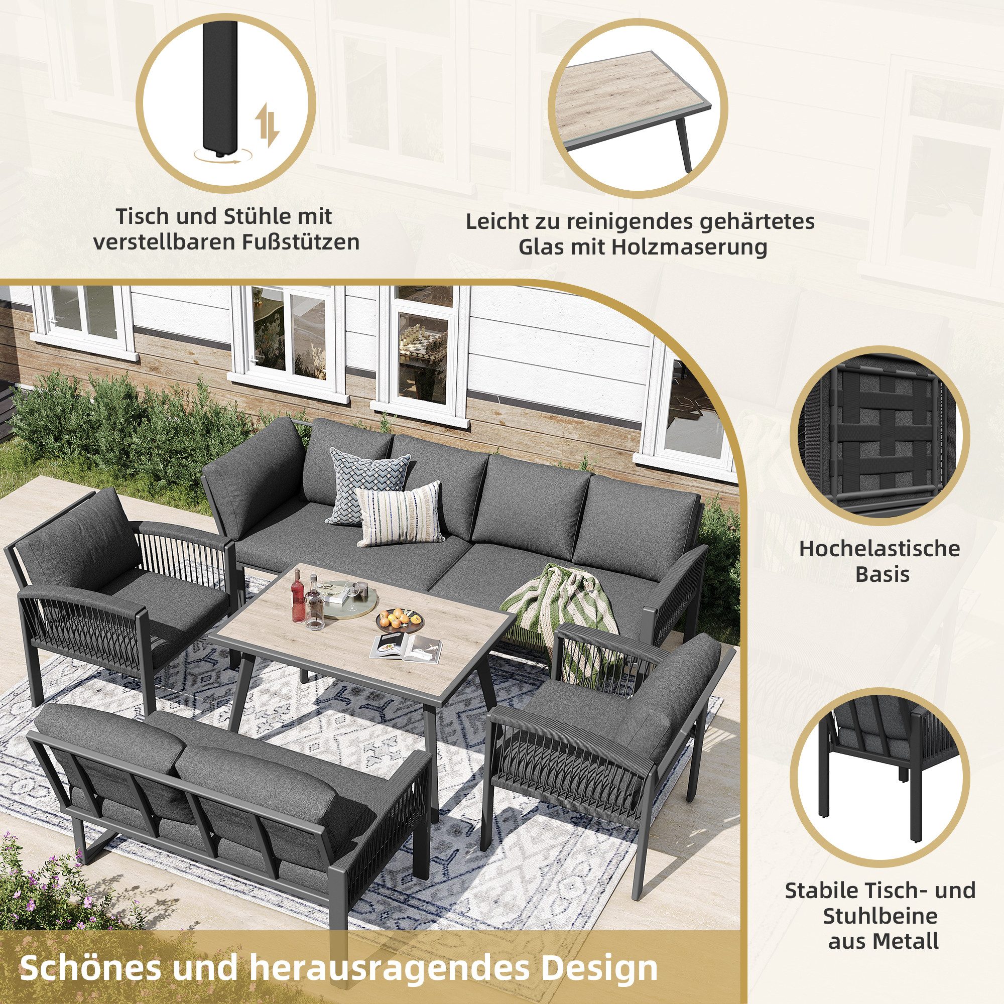 Celya Gartenlounge-Set Gartenlounges Balkon, Gartenmöbel Set für 8 Personen, Seilwerk, (mit verzinktem Eisengestell, verstellbare Beine, alle Sitz- und Rückenkissen inklusive, Grau), Möbelset für 8 Personen, Seilwerk, großer Tisch mit Holzmaserung