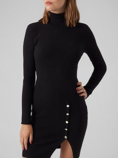 Vero Moda Strickkleid VMABA LS GA DRESS REP BOO Black ROLLNCK BUTTON