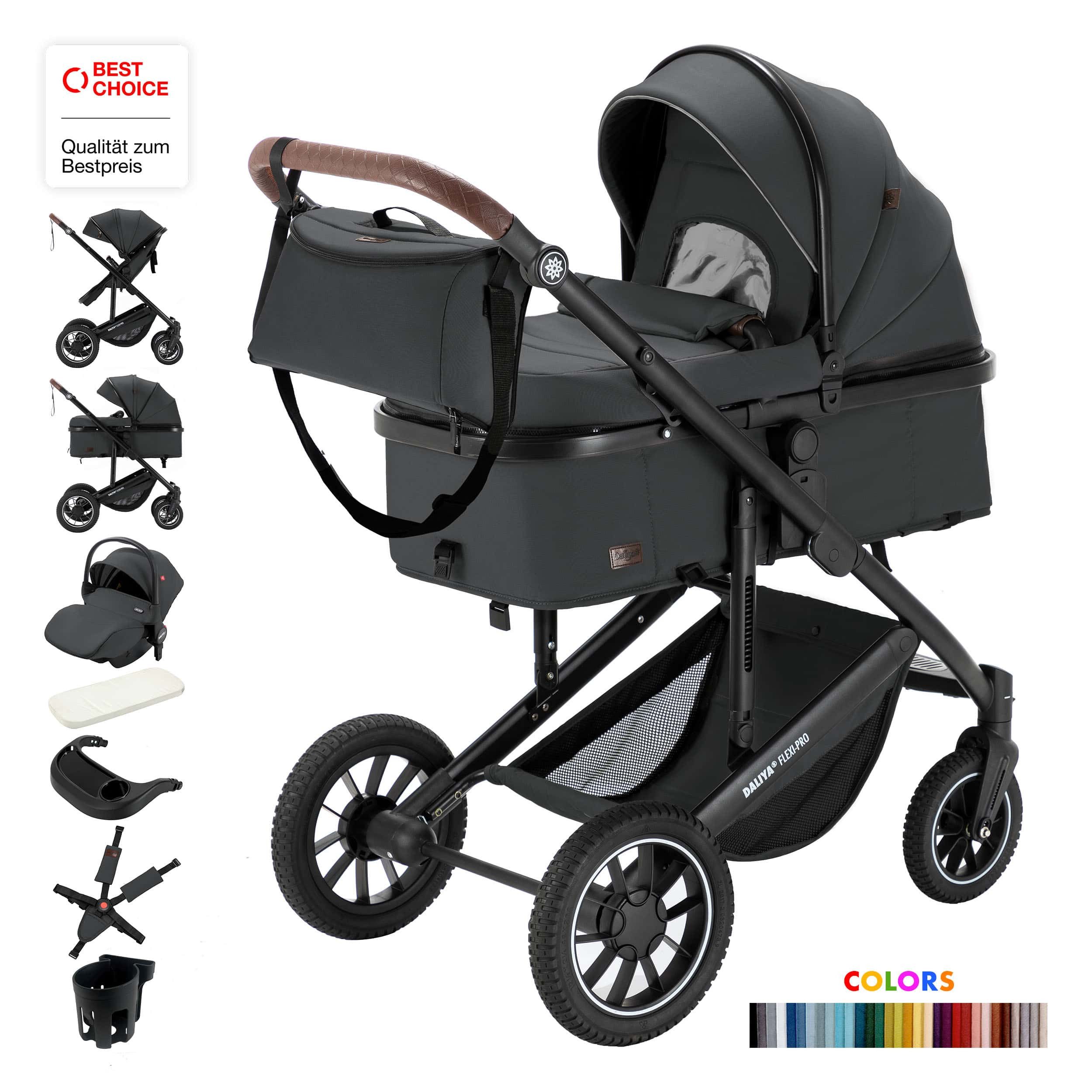 Daliya® Kombi-Kinderwagen FLEXI-PRO M 3in1 Kinderwagen & Buggy, Reisekinderwagen, XXL Set, (XXL-Set mit i-Size Babyschale, 13-tlg), Einhändig abnehmbare Wanne, i-Size Babyschale, Alu-Rahmen, Gummireifen