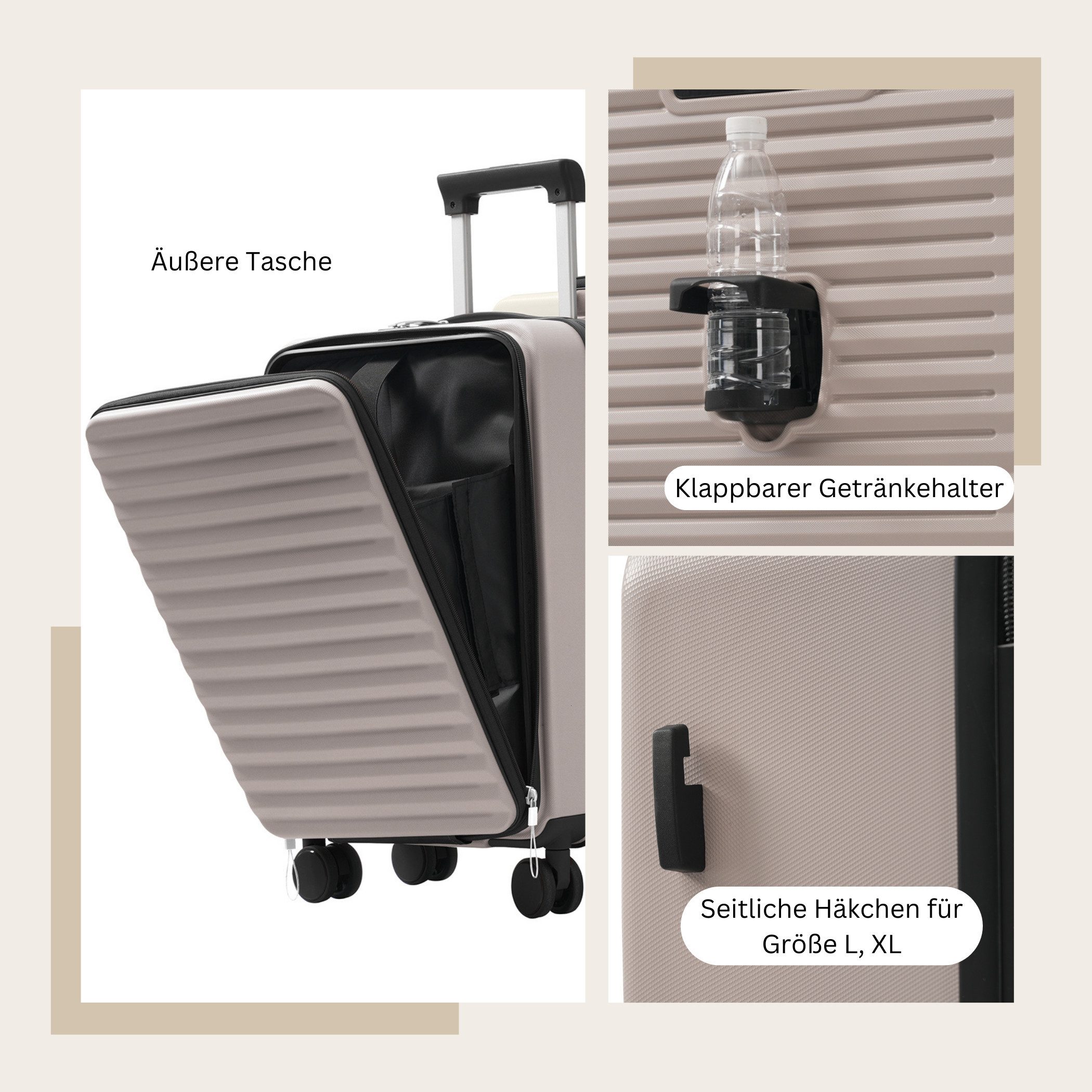 SeedWave Trolleyset 3er-Set Hartschalenkoffer TSA Reisekoffer mit Klappbare Getränkehalter, (Hartschalen-Trolley Set), Drei verschiedene Größe, die Größe L und XL mit seitlichem Häkchen