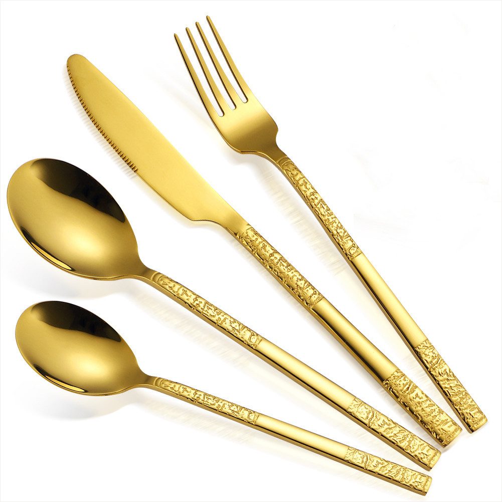 KEENZO Besteck-Set 24-teilig Edelstahl Essbesteck set Steinmuster quadratischem Griff (24-tlg), 6 Personen, Edestahl