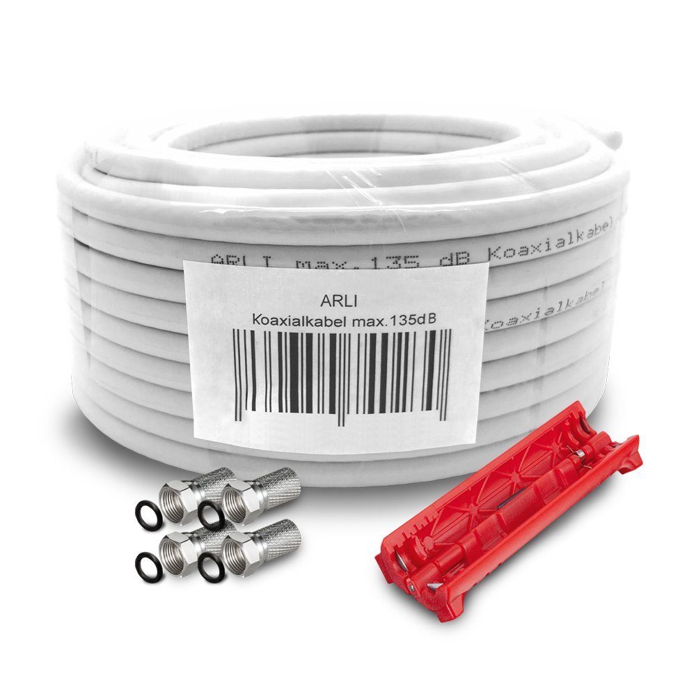 ARLI 50m Koaxialkabel – max. 135 dB + 4x F-Stecker & Abisoliermesser TV-Kabel, F Stecker, Sat (5000 cm), 50 m TV Sat Koax Antennen Kabel 5-fach geschirmt Verlegekabel Set