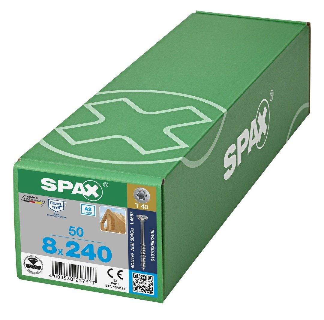 (Edelstahl SPAX 8x240 Edelstahlschraube, 50 mm St), A2, Spanplattenschraube