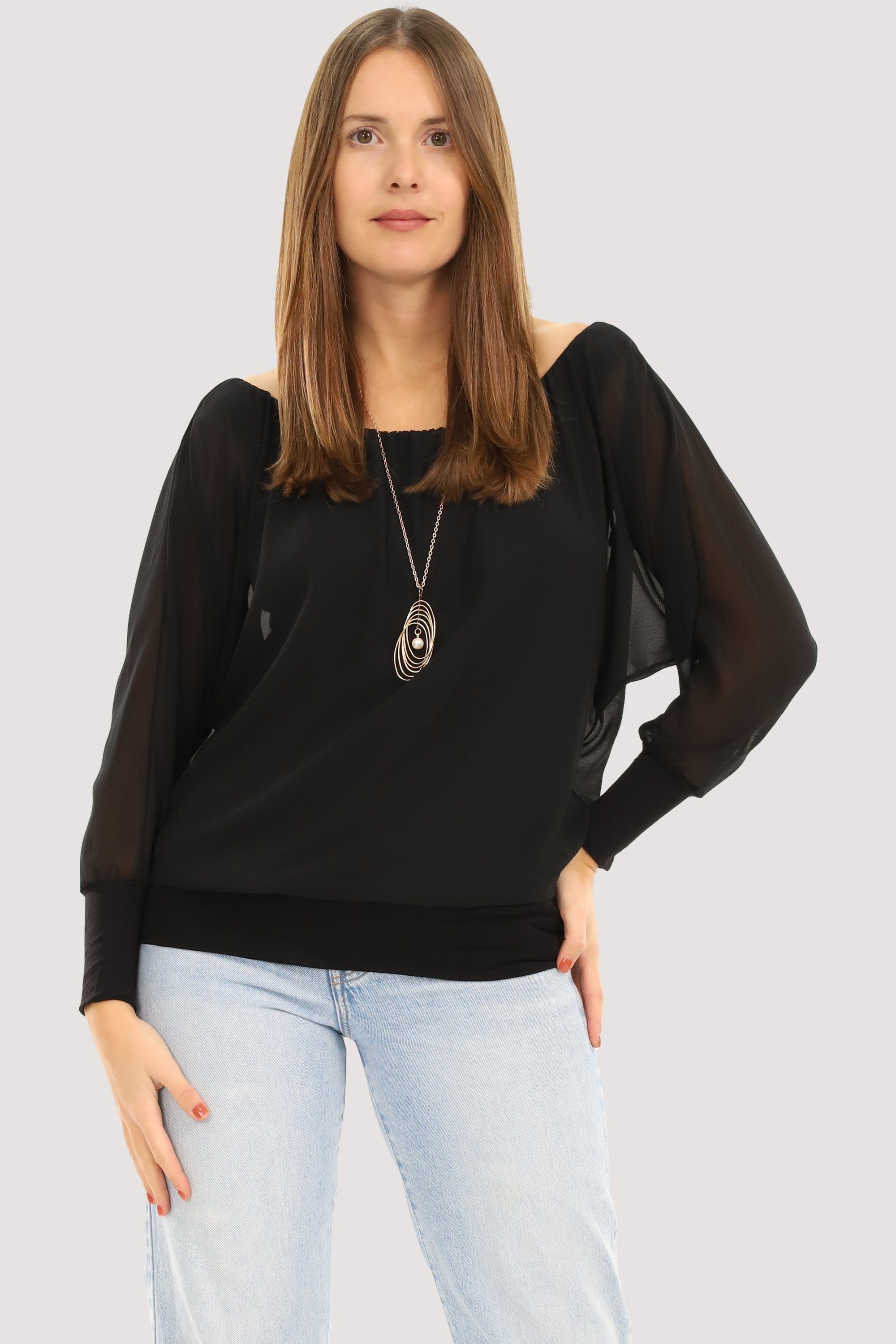 malito more than fashion Chiffonbluse 1133 Bluse mit Fledermausärmeln Einheitsgröße schwarz