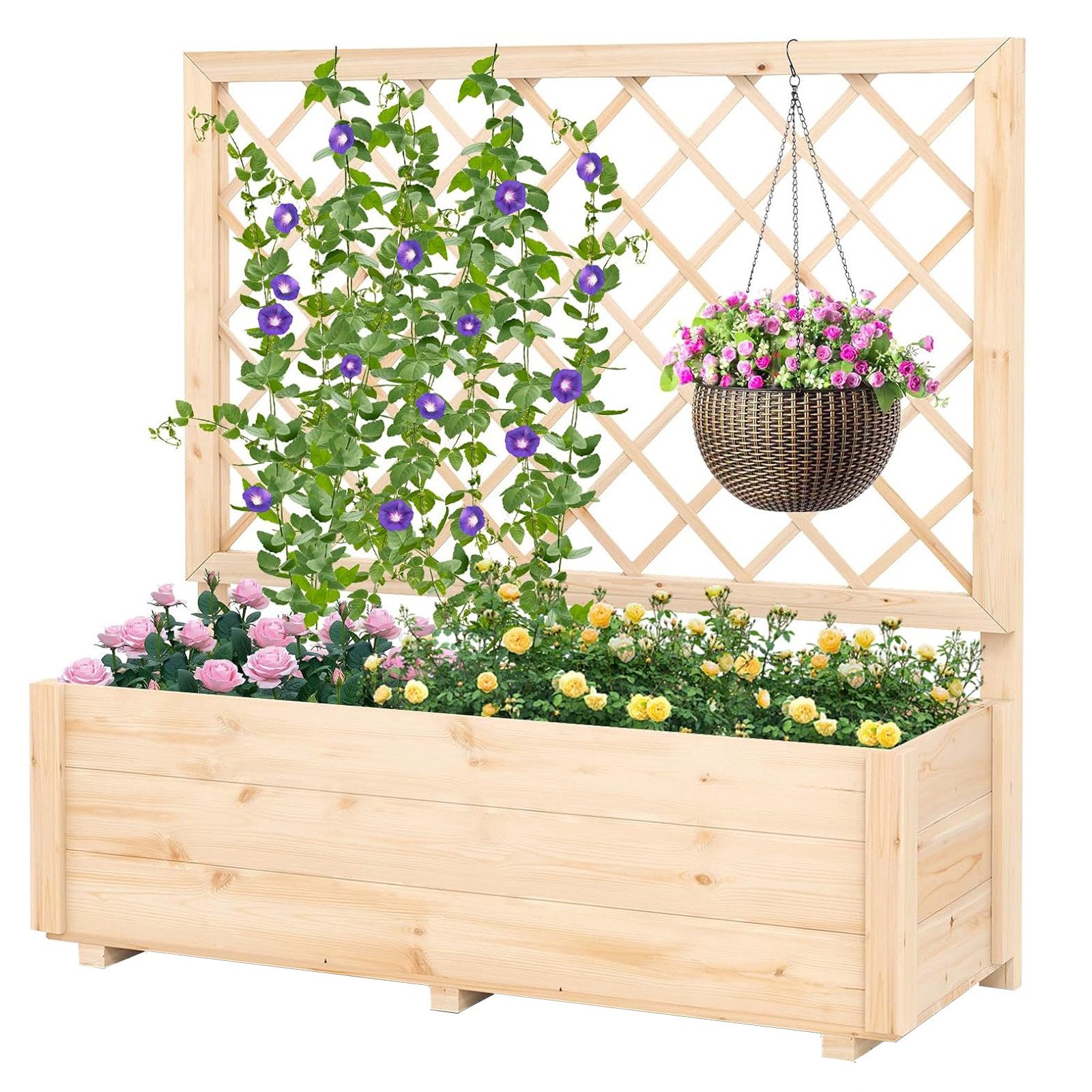 KOMFOTTEU Hochbeet, Blumenkasten mit Rankgitter, aus Tannenholz