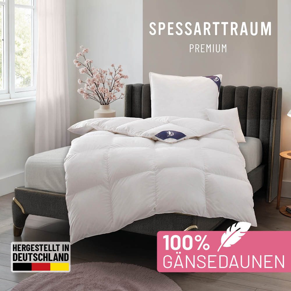 SPESSARTTRAUM Gänsedaunenbettdecke Premium****, hergestellt in Deutschland, Bettdecken für Sommer, Winter, Füllung: 100% Gänsedaunen, Klasse 1, Downpass zertifiziert, Bezug: 100% Baumwolle, Made in Green, Hausstauballergiker geeignet, 4 Wärmeklassen & 5 Größen, Bestseller